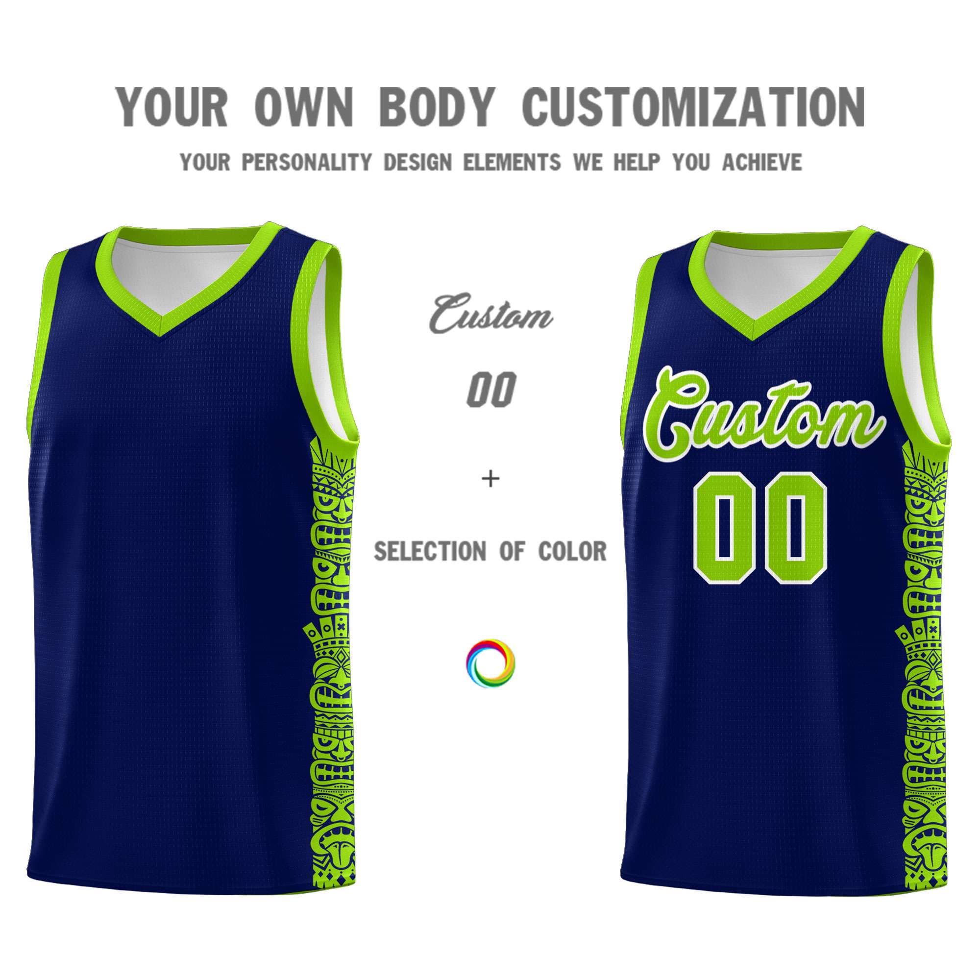 Custom Navy Neon Green Personalized Indians Pattern Sets Sports Uniform Basketball Jersey