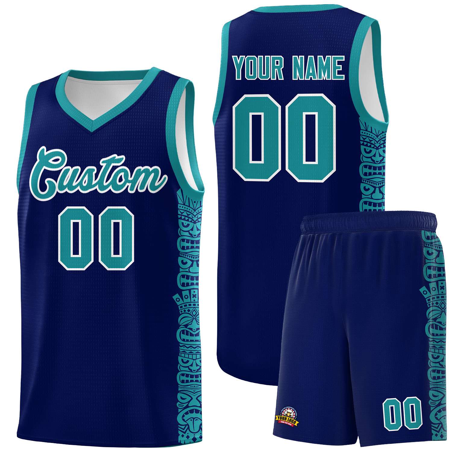 Custom Navy Aqua Personalized Indians Pattern Sets Sports Uniform Basketball Jersey