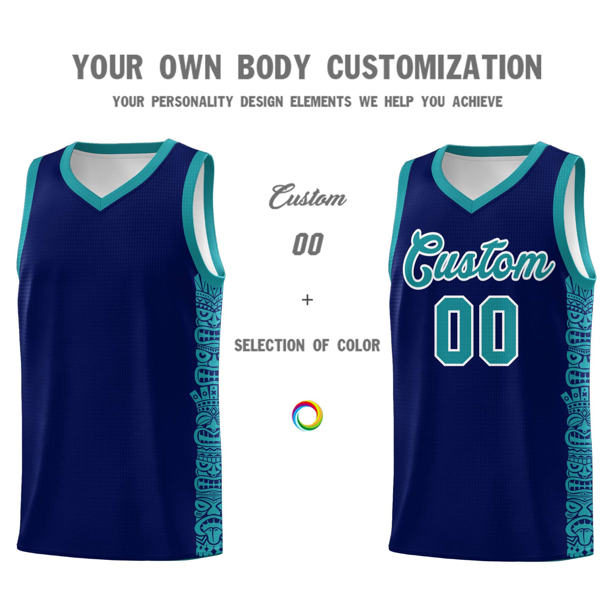 Custom Navy Aqua Personalized Indians Pattern Sets Sports Uniform Basketball Jersey