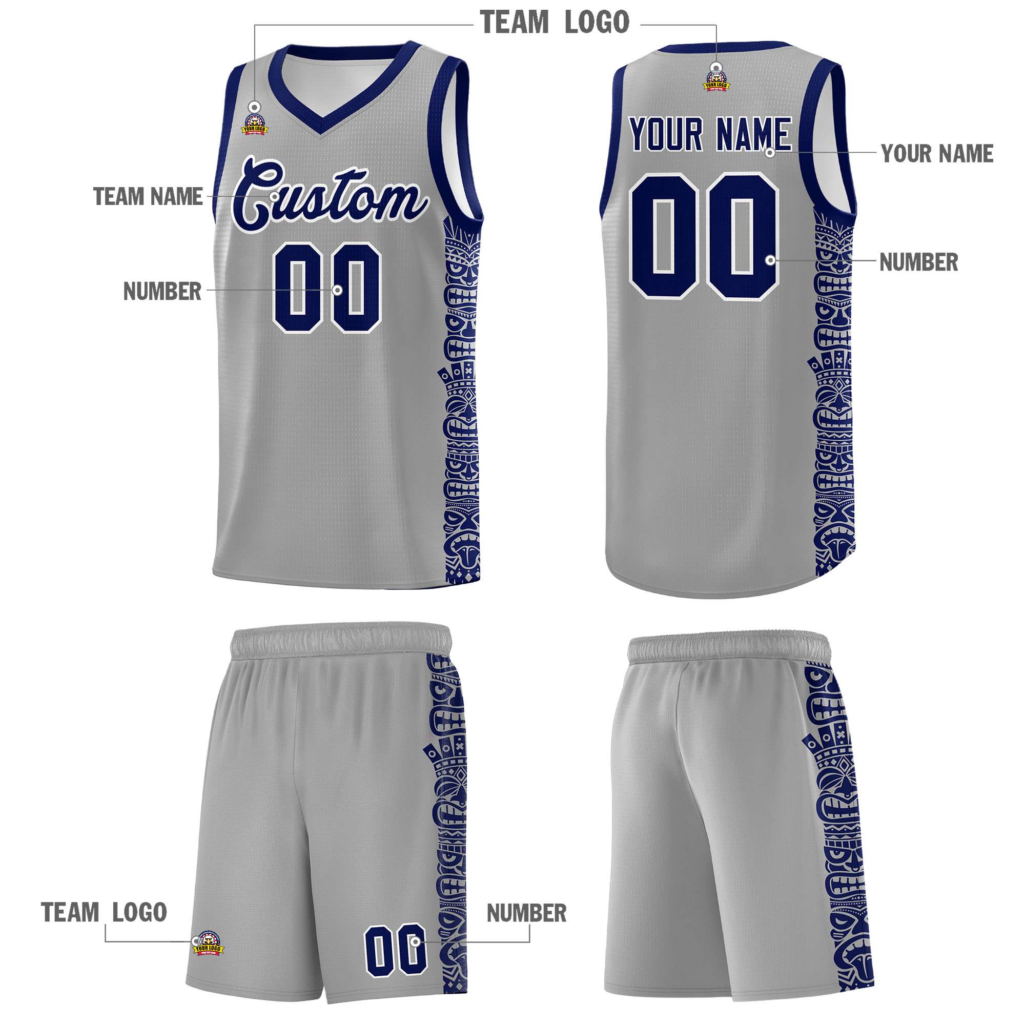 Custom Gray Royal Personalized Indians Pattern Sets Sports Uniform Basketball Jersey