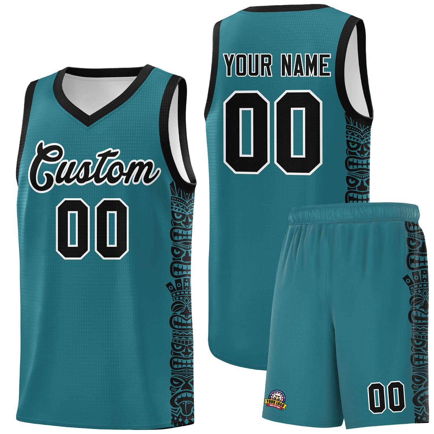 Custom Aqua Black Personalized Indians Pattern Sets Sports Uniform Basketball Jersey