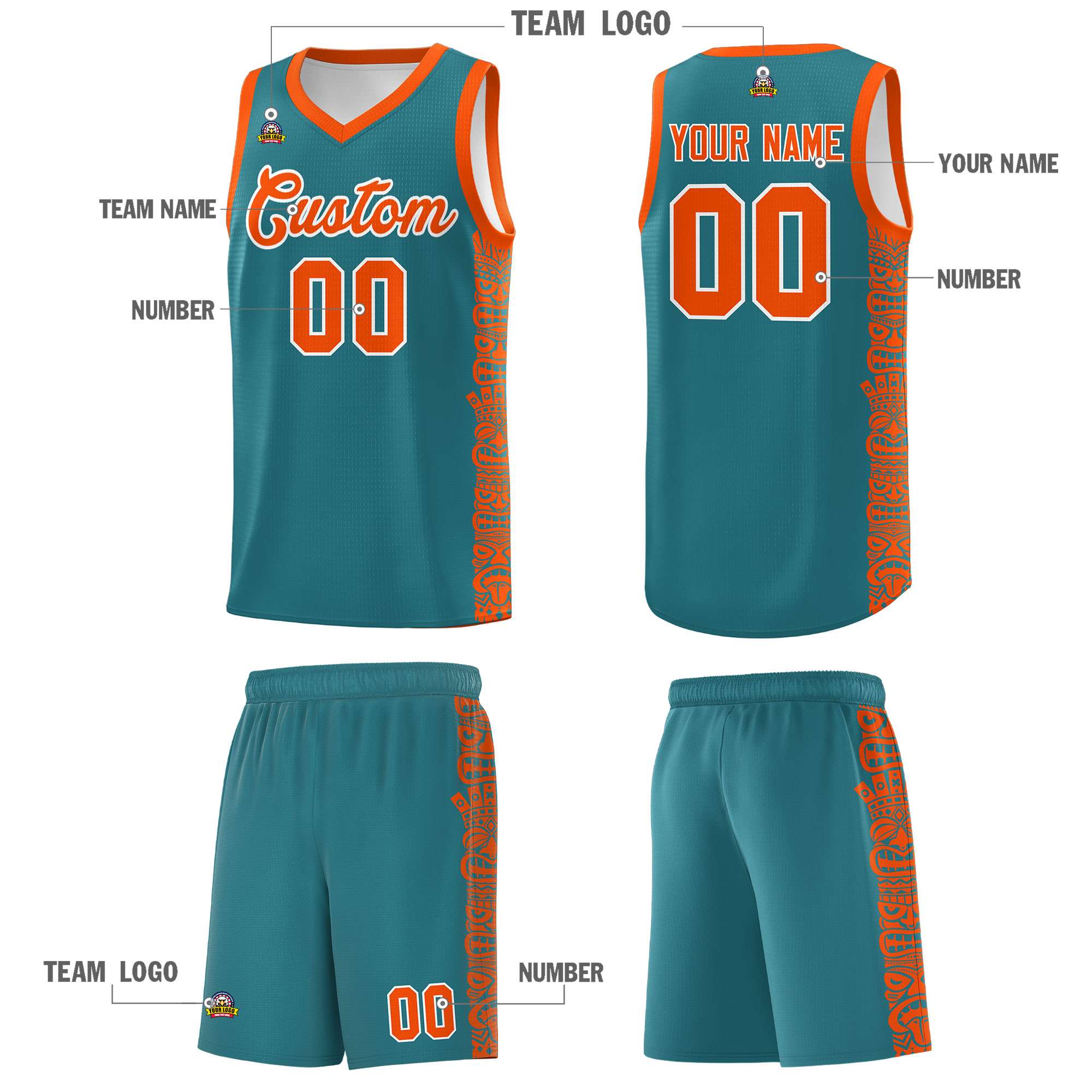 Custom Aqua Orange Personalized Indians Pattern Sets Sports Uniform Basketball Jersey