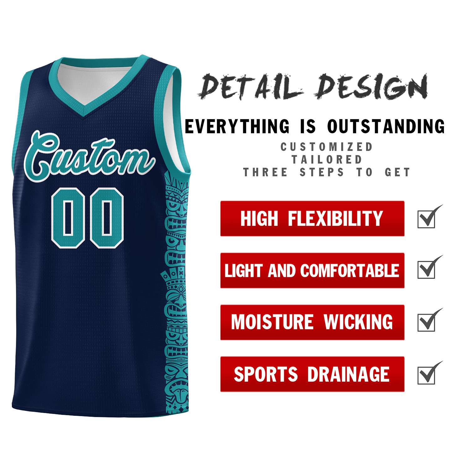 Custom Navy Aqua Personalized Indians Pattern Sets Sports Uniform Basketball Jersey