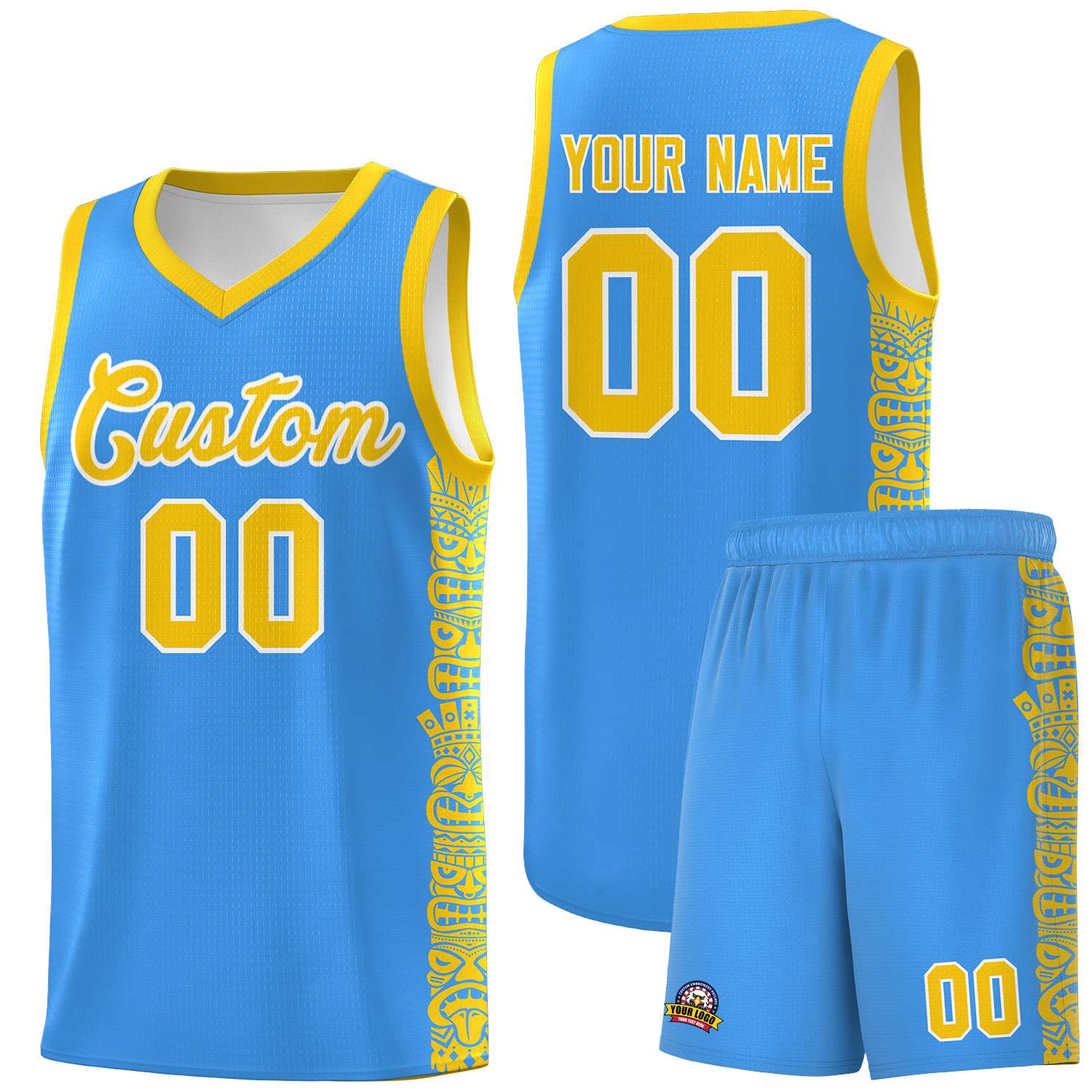 Custom Powder Blue Gold Personalized Indians Pattern Sets Sports Uniform Basketball Jersey