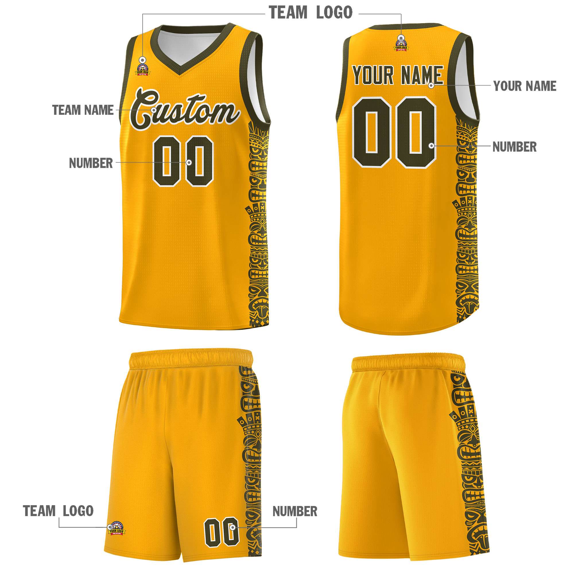 Custom Yellow Olive Personalized Indians Pattern Sets Sports Uniform Basketball Jersey