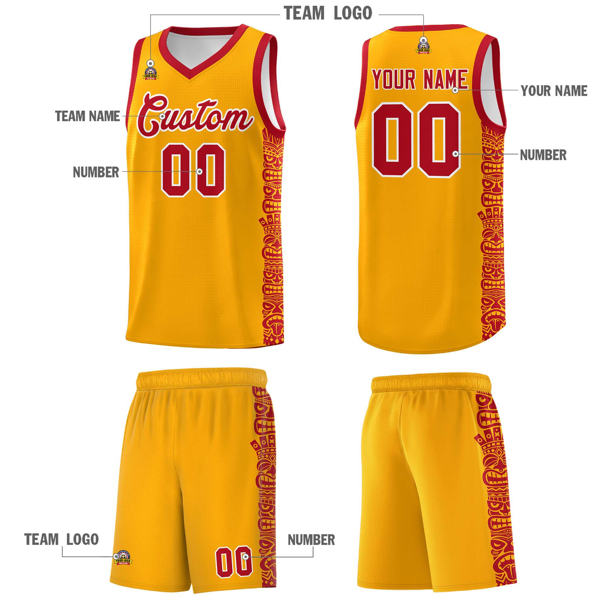 Custom Yellow Red Personalized Indians Pattern Sets Sports Uniform Basketball Jersey