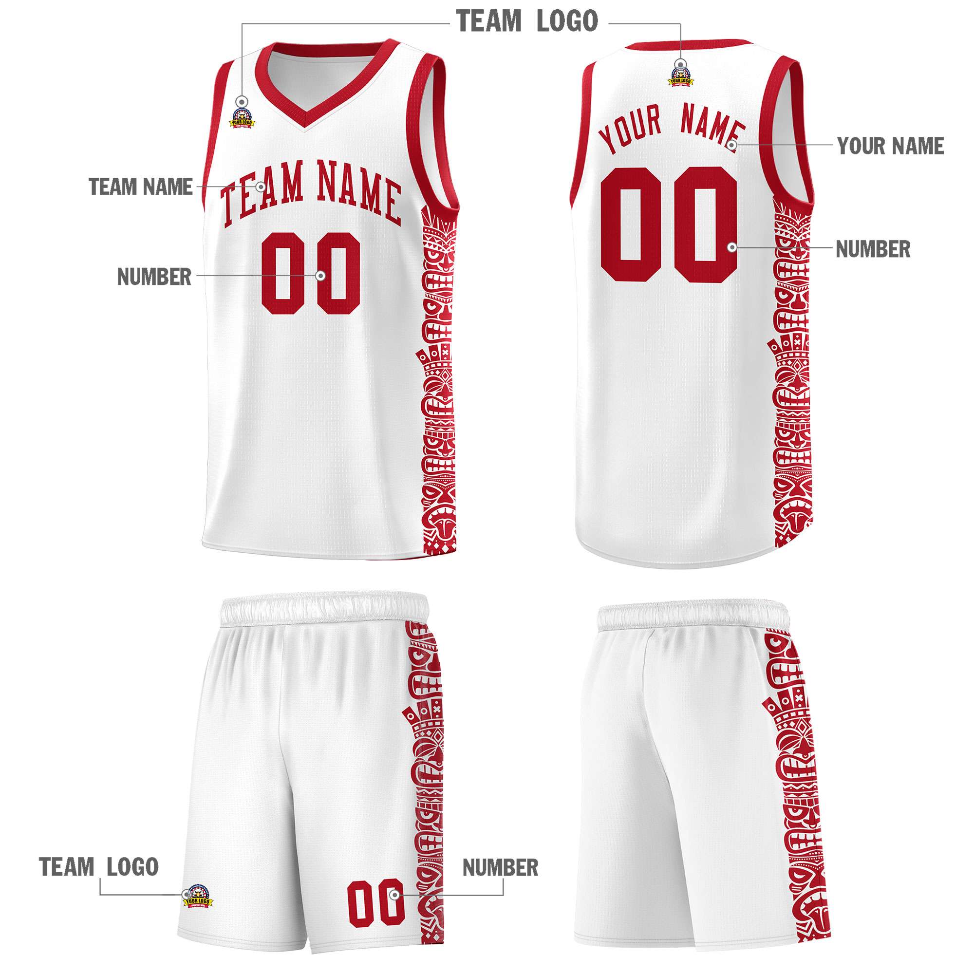 Custom White Red Personalized Indians Pattern Sets Sports Uniform Basketball Jersey