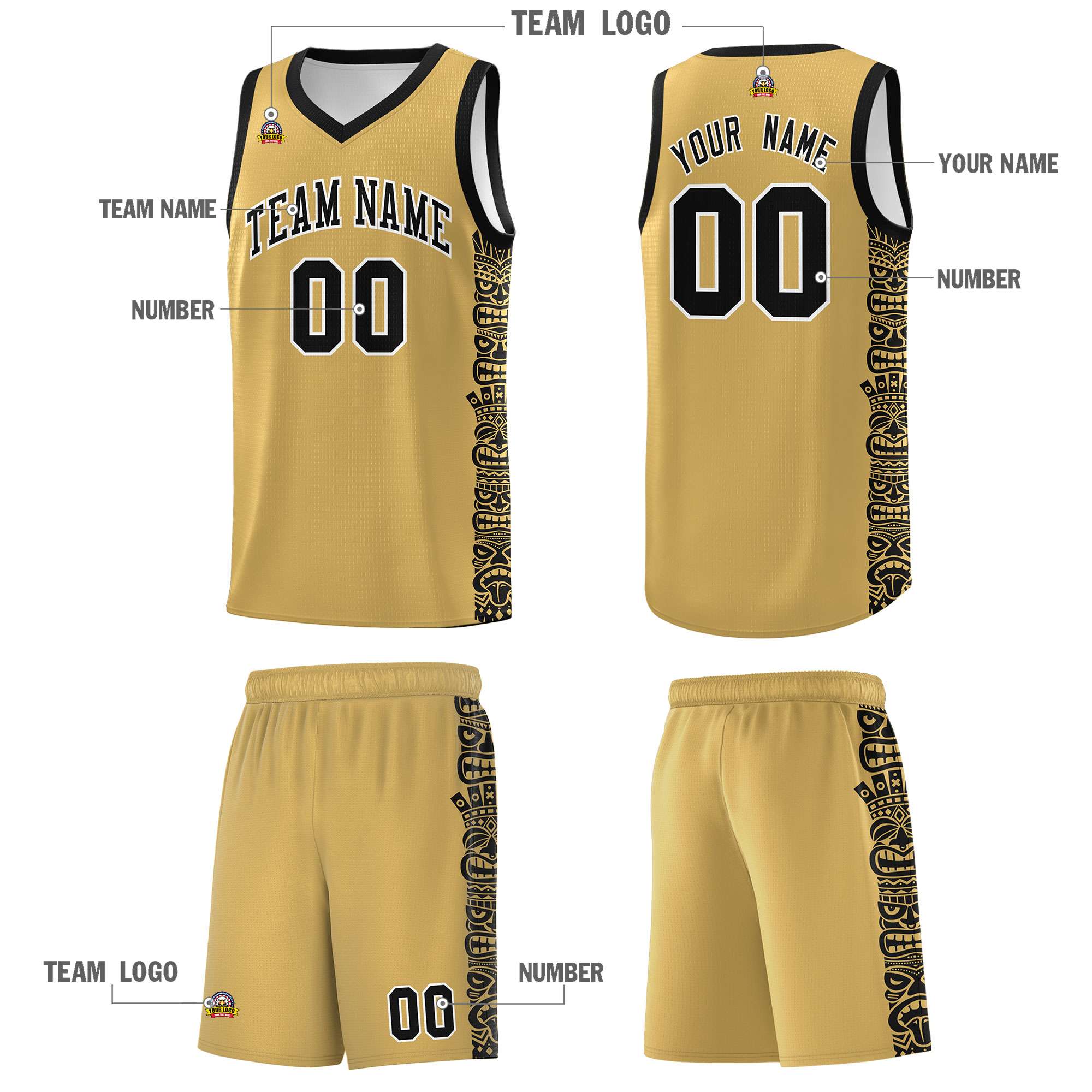 Custom Old Gold Black Personalized Indians Pattern Sets Sports Uniform Basketball Jersey