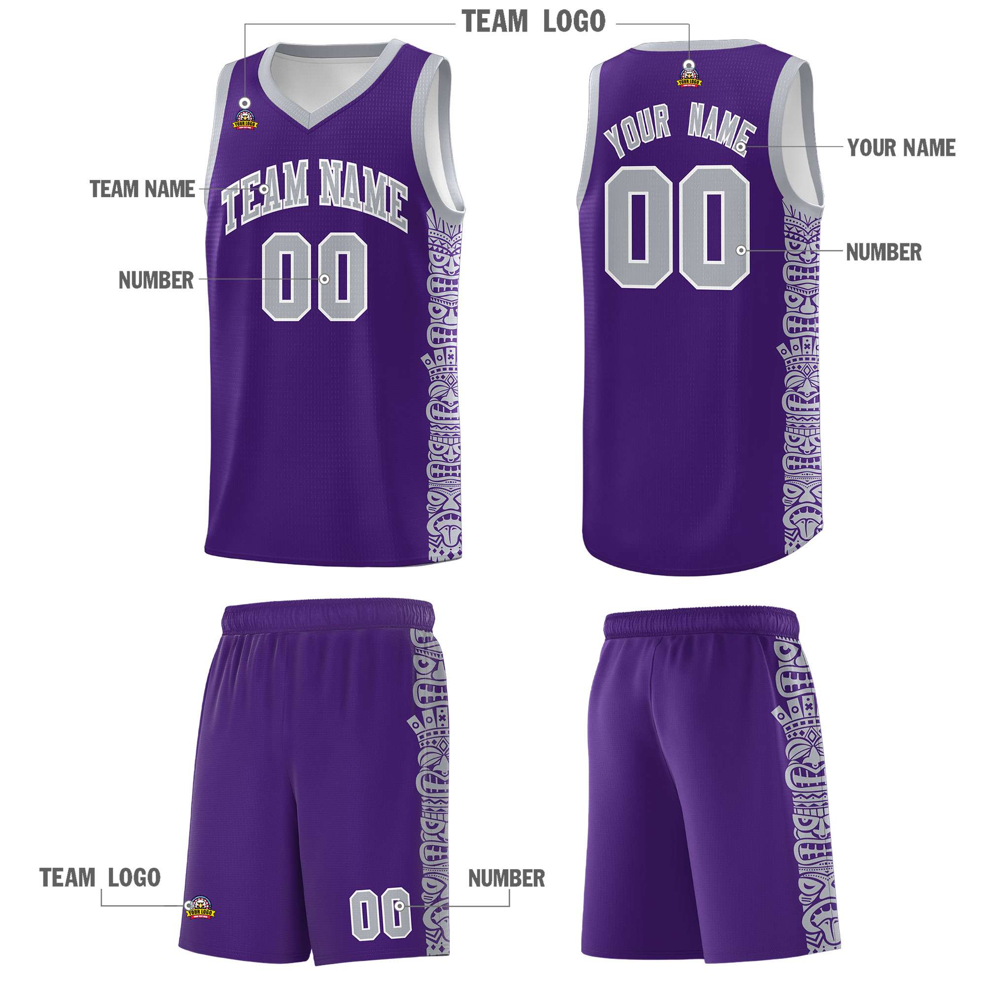 Custom Purple Gray Personalized Indians Pattern Sets Sports Uniform Basketball Jersey