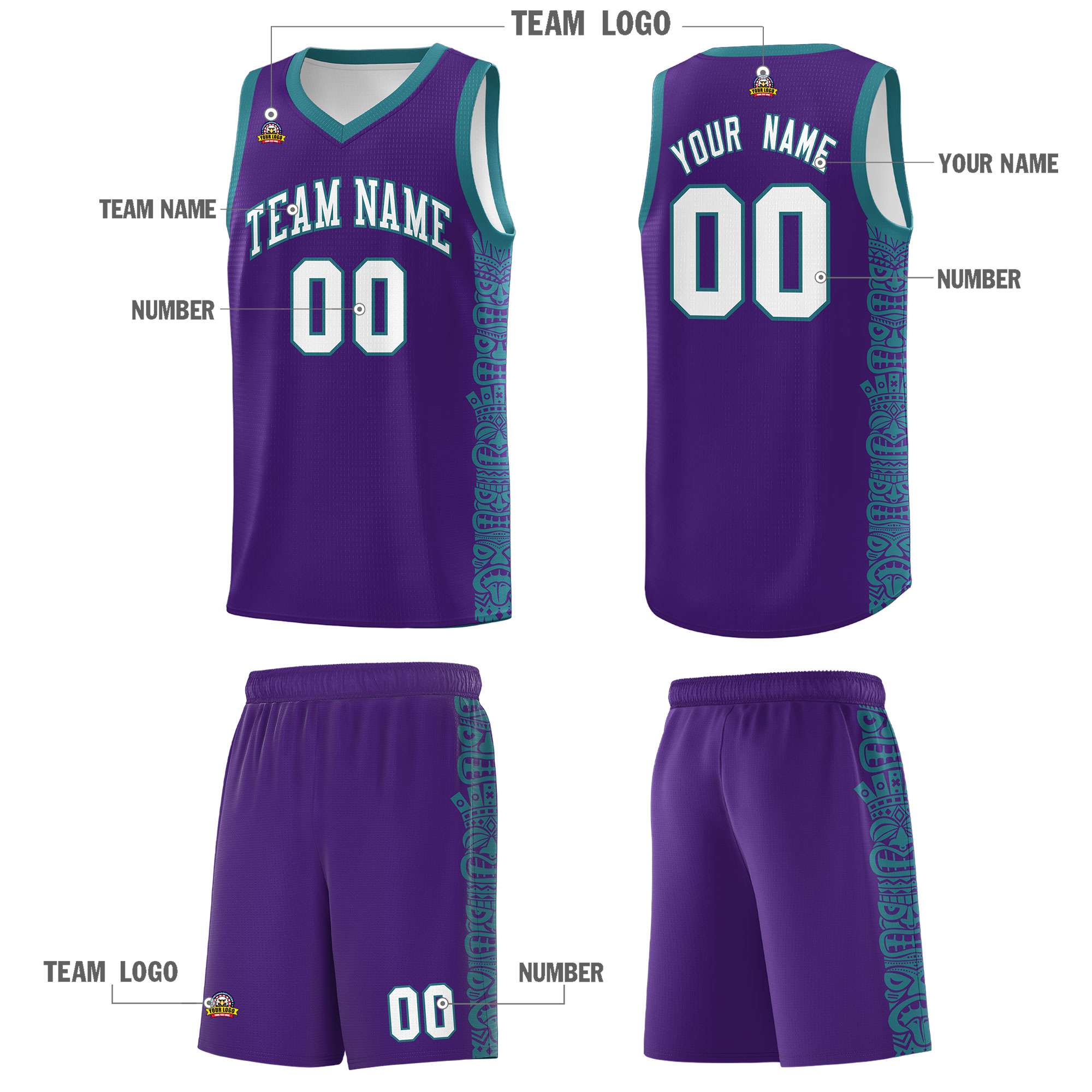 Custom Purple Aqua Personalized Indians Pattern Sets Sports Uniform Basketball Jersey