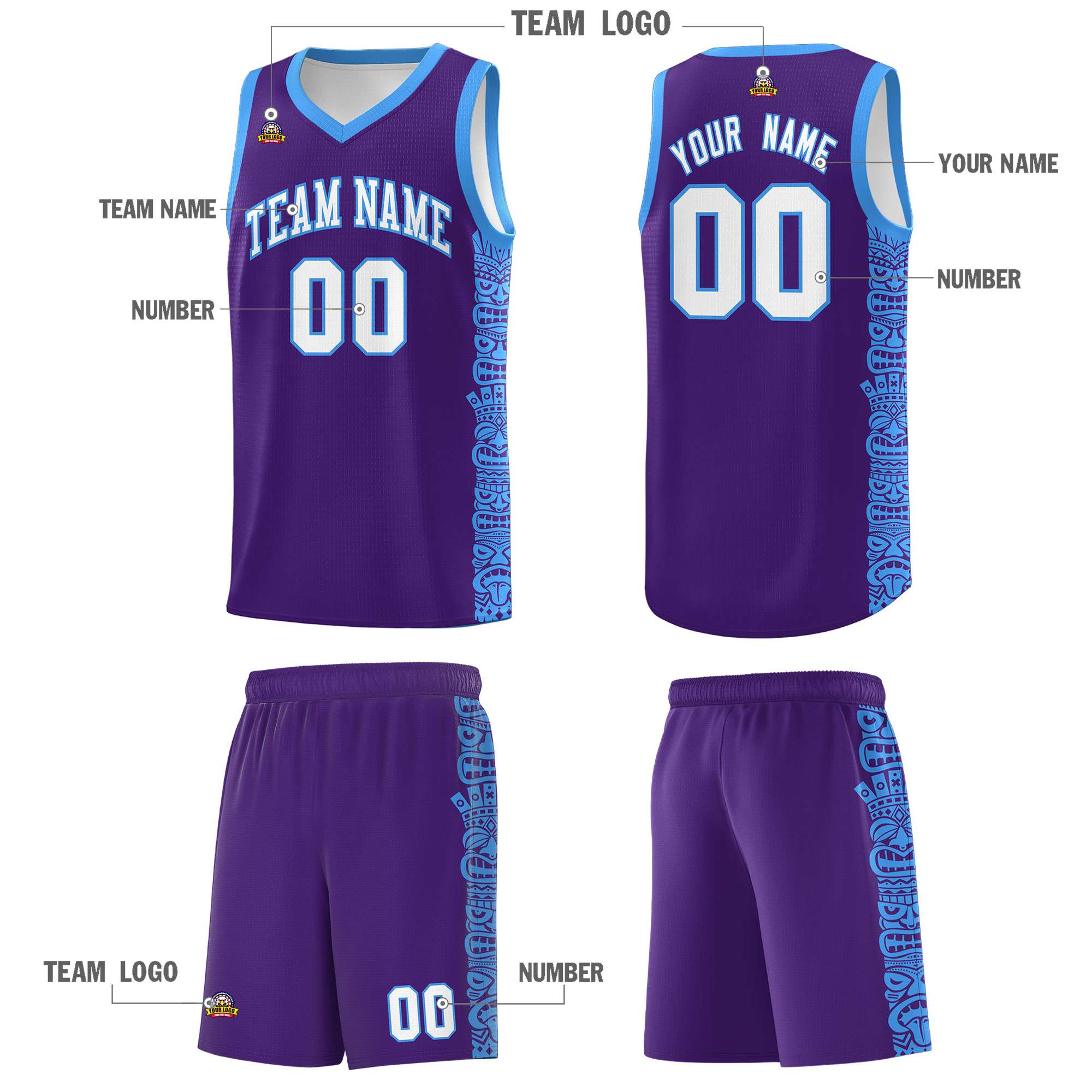 Custom Purple Powder Blue Personalized Indians Pattern Sets Sports Uniform Basketball Jersey