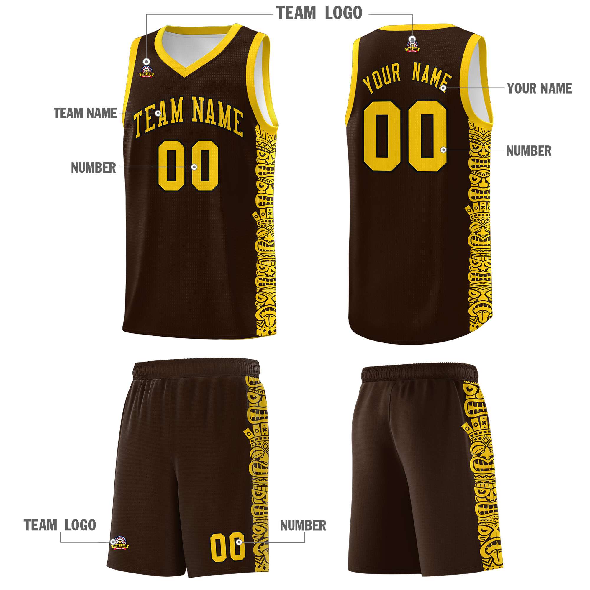 Custom Brown Gold Personalized Indians Pattern Sets Sports Uniform Basketball Jersey