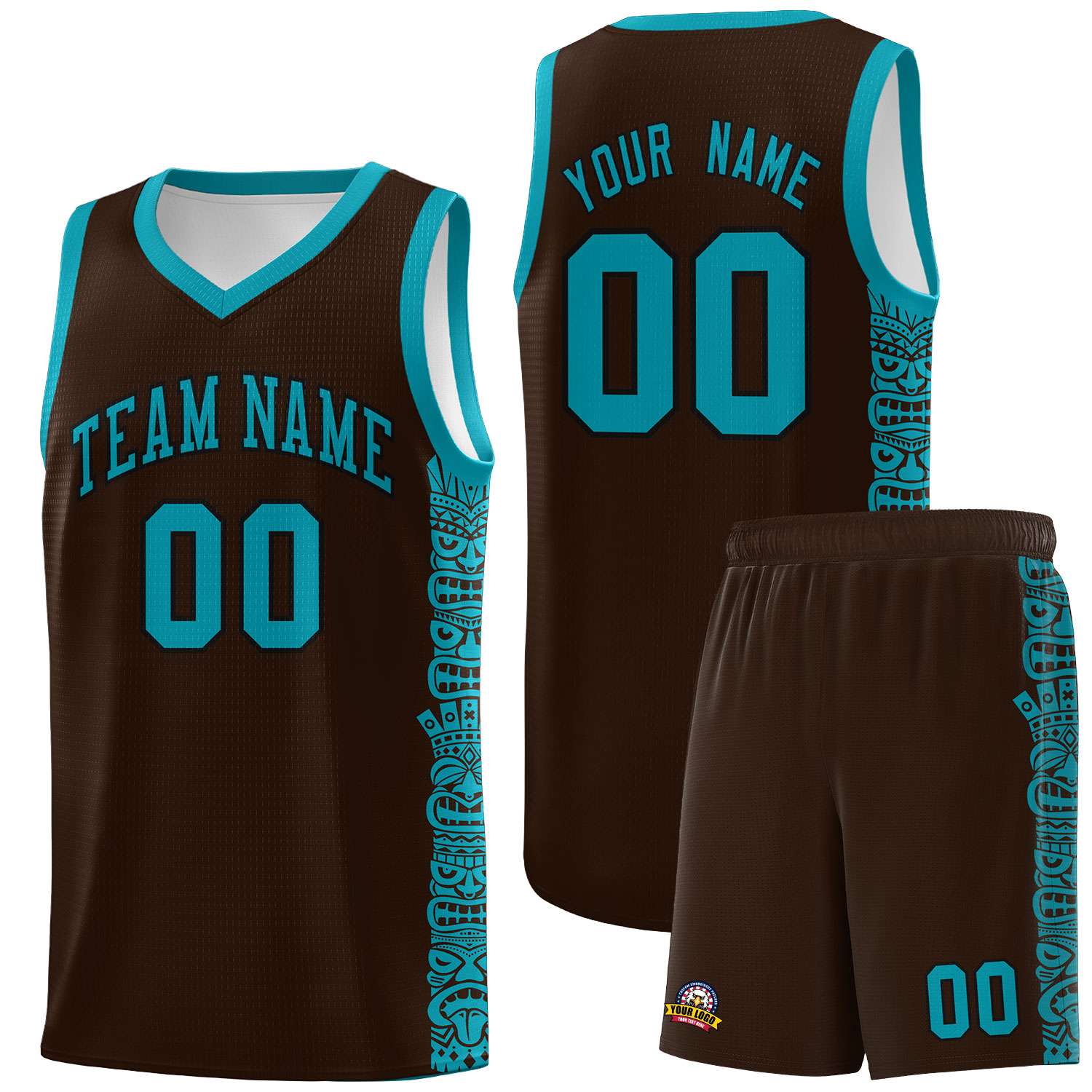 Custom Brown Teal Personalized Indians Pattern Sets Sports Uniform Basketball Jersey