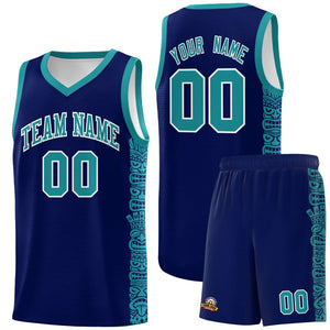 Custom Navy Aqua Personalized Indians Pattern Sets Sports Uniform Basketball Jersey