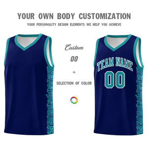 Custom Navy Aqua Personalized Indians Pattern Sets Sports Uniform Basketball Jersey