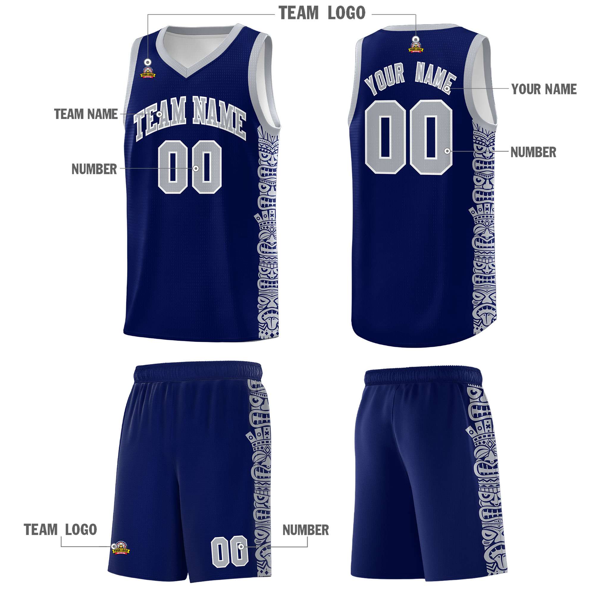 Custom Navy Gray Personalized Indians Pattern Sets Sports Uniform Basketball Jersey