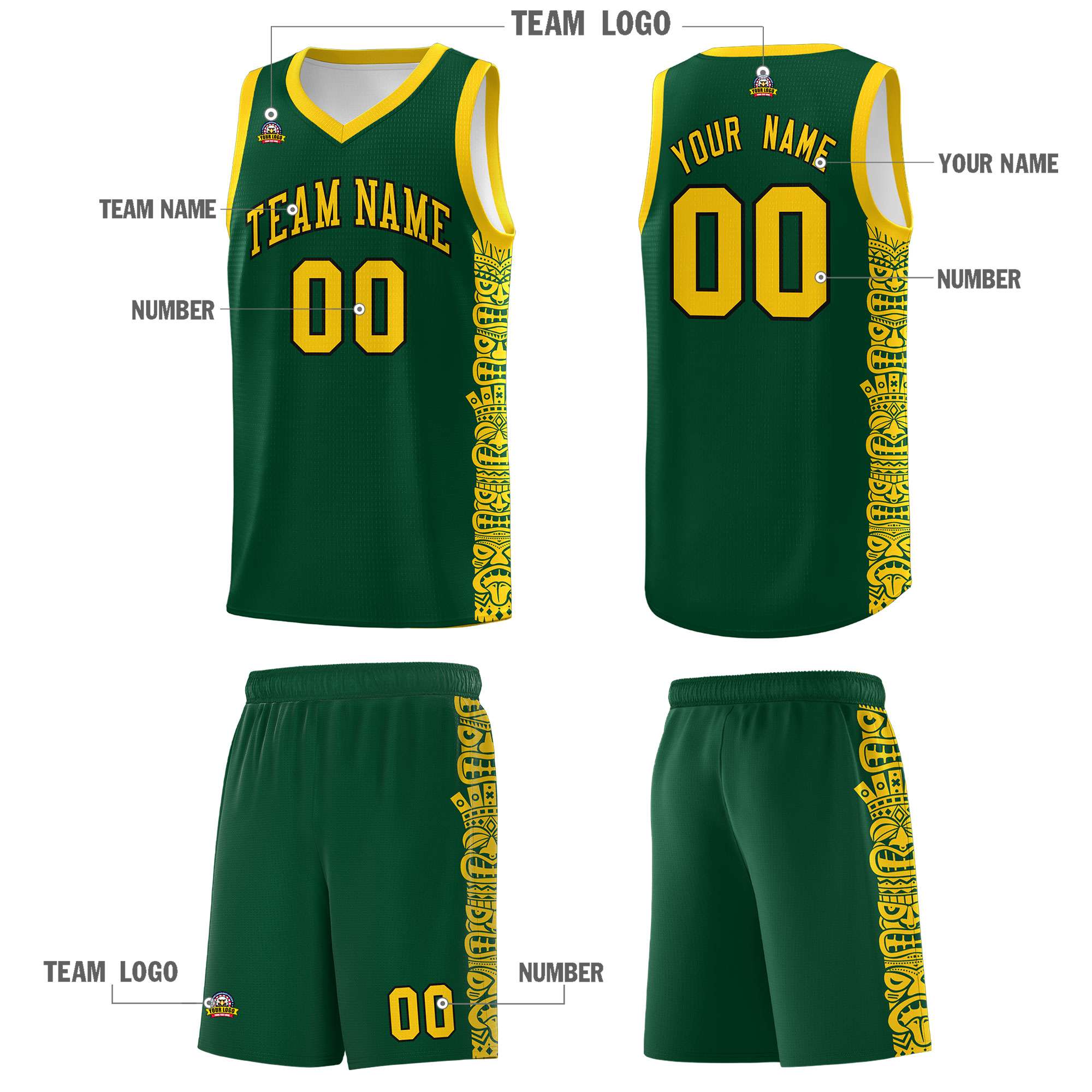 Custom Green Gold Personalized Indians Pattern Sets Sports Uniform Basketball Jersey