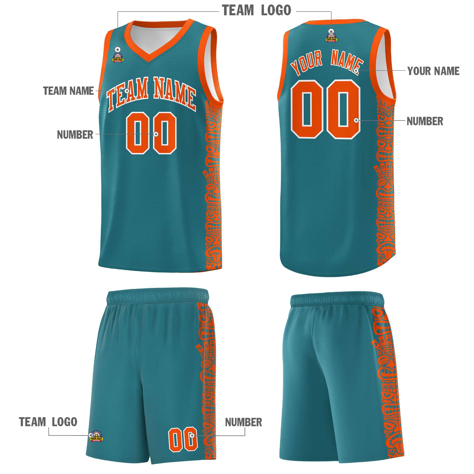 Custom Aqua Orange Personalized Indians Pattern Sets Sports Uniform Basketball Jersey