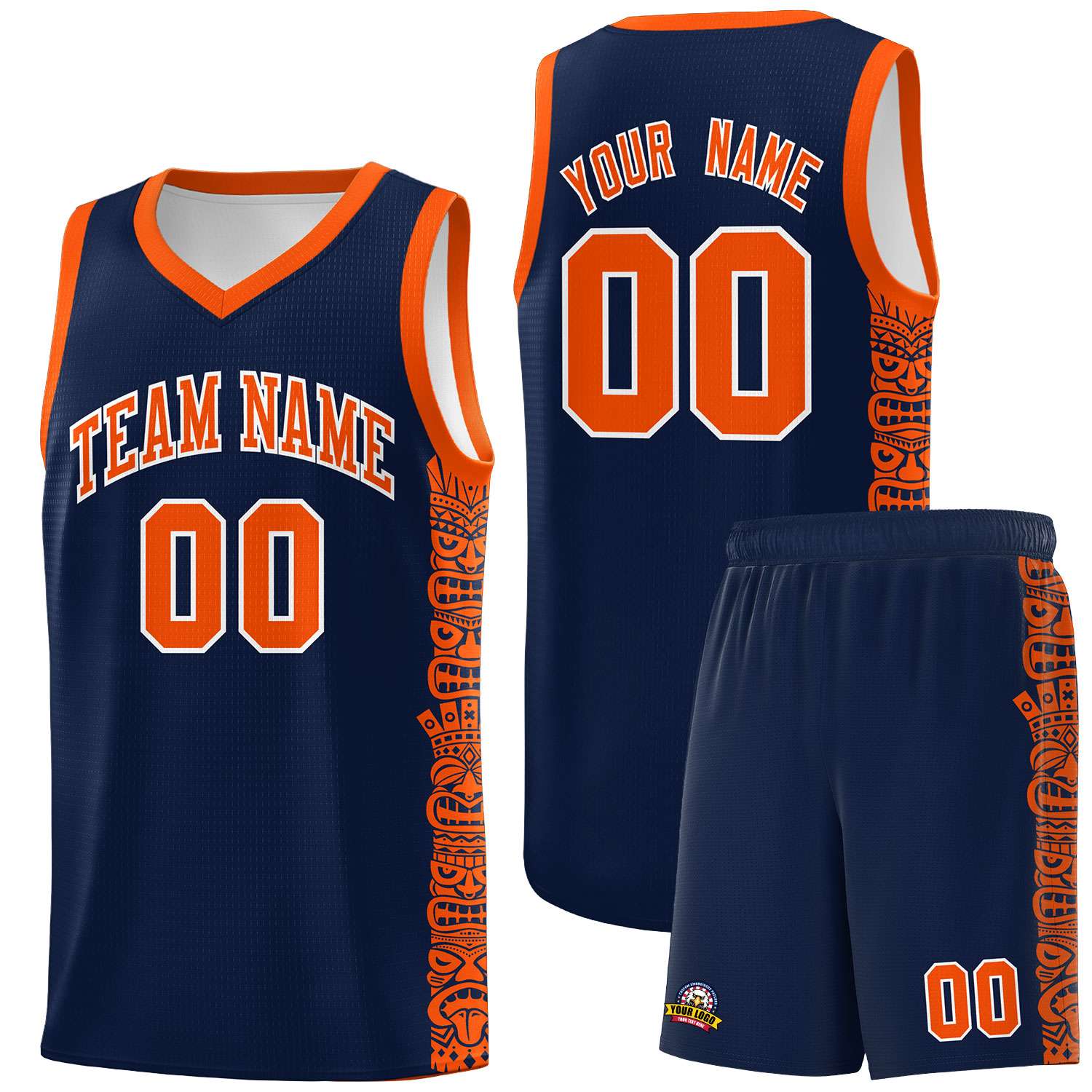 Custom Navy Orange Personalized Indians Pattern Sets Sports Uniform Basketball Jersey