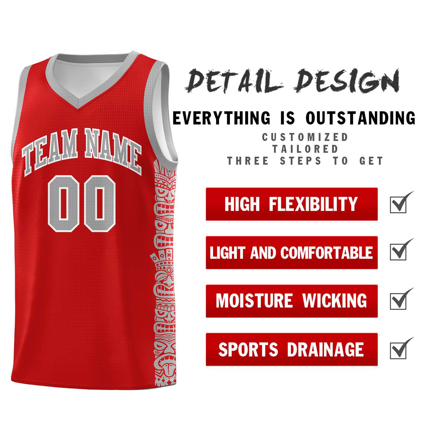 Custom Red Gray Personalized Indians Pattern Sets Sports Uniform Basketball Jersey