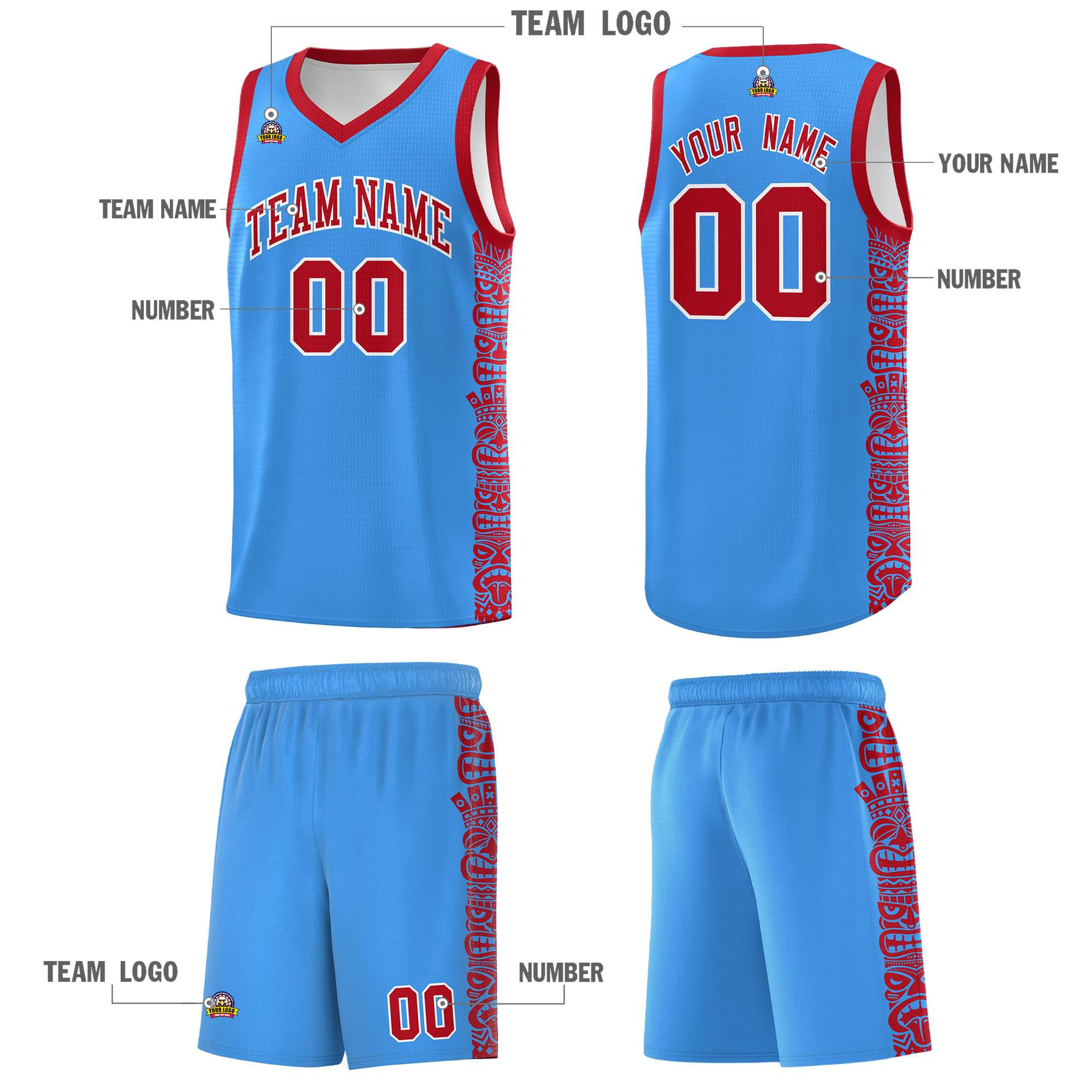 Custom Powder Blue Red Personalized Indians Pattern Sets Sports Uniform Basketball Jersey