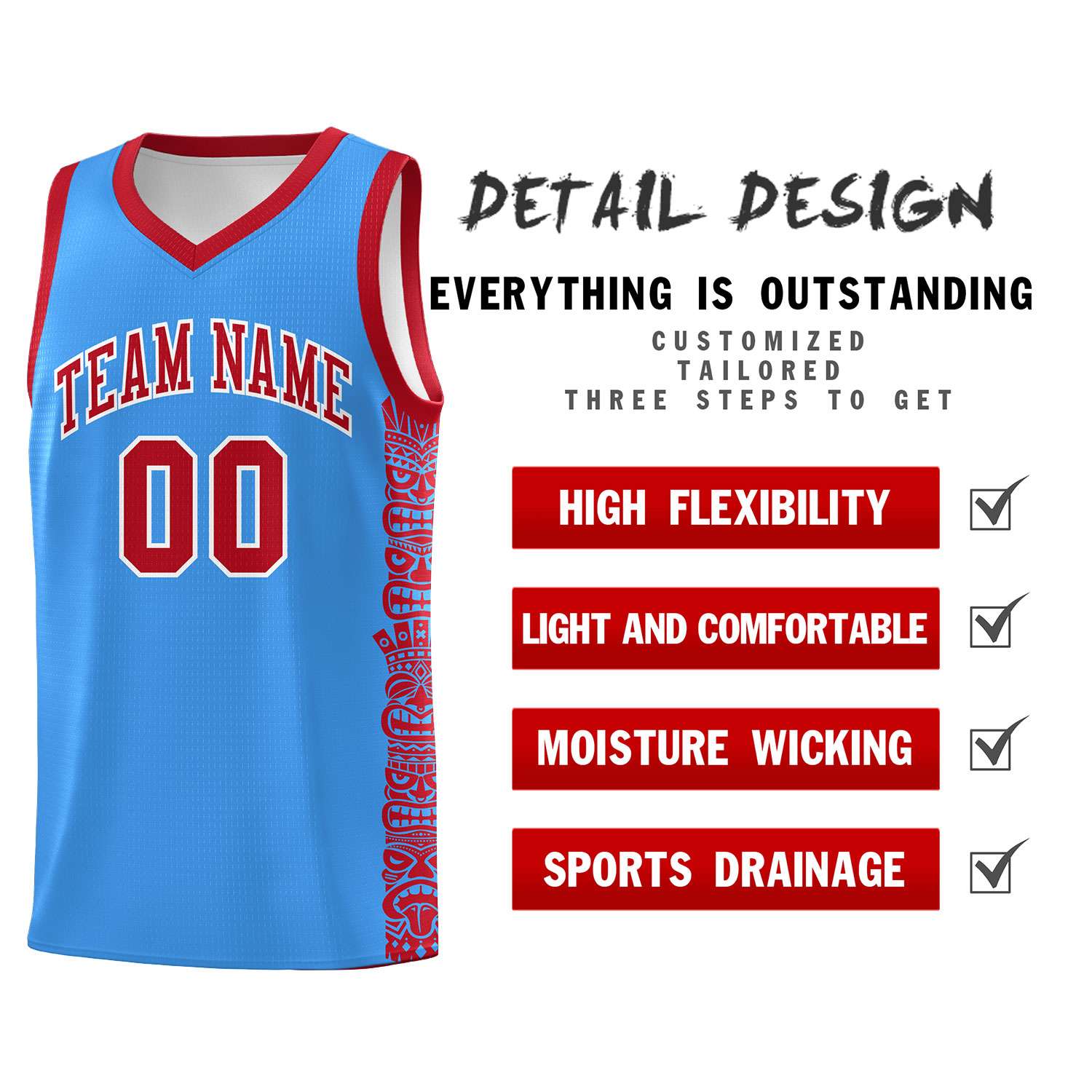 Custom Powder Blue Red Personalized Indians Pattern Sets Sports Uniform Basketball Jersey