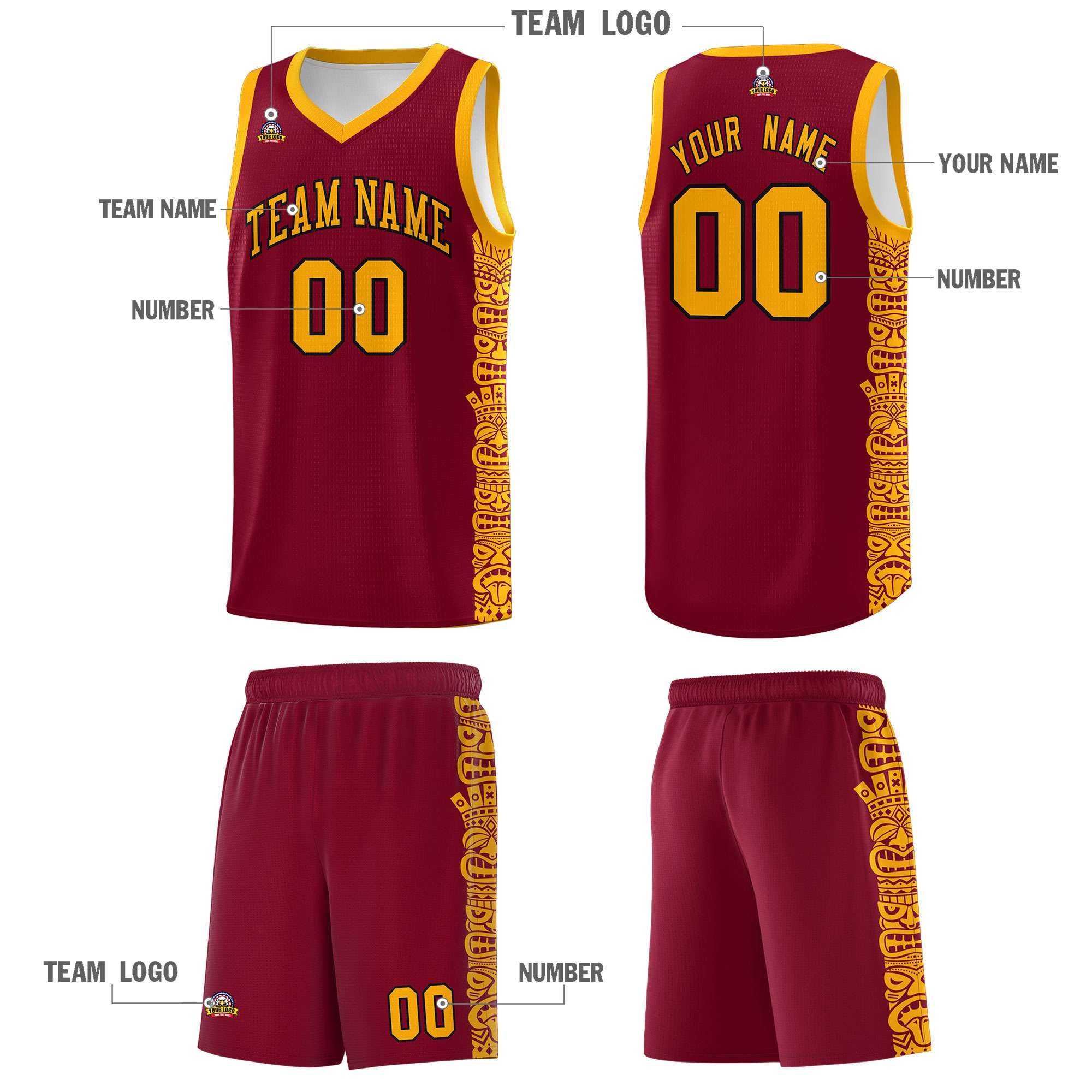 Custom Crimson Yellow Personalized Indians Pattern Sets Sports Uniform Basketball Jersey