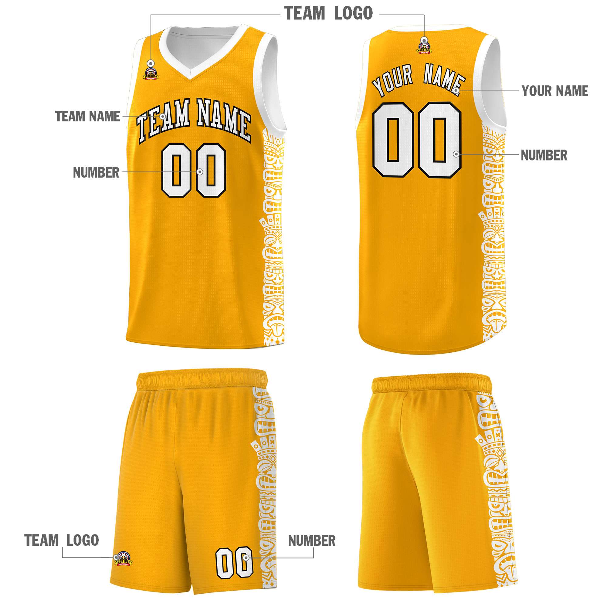 Custom Yellow White Personalized Indians Pattern Sets Sports Uniform Basketball Jersey