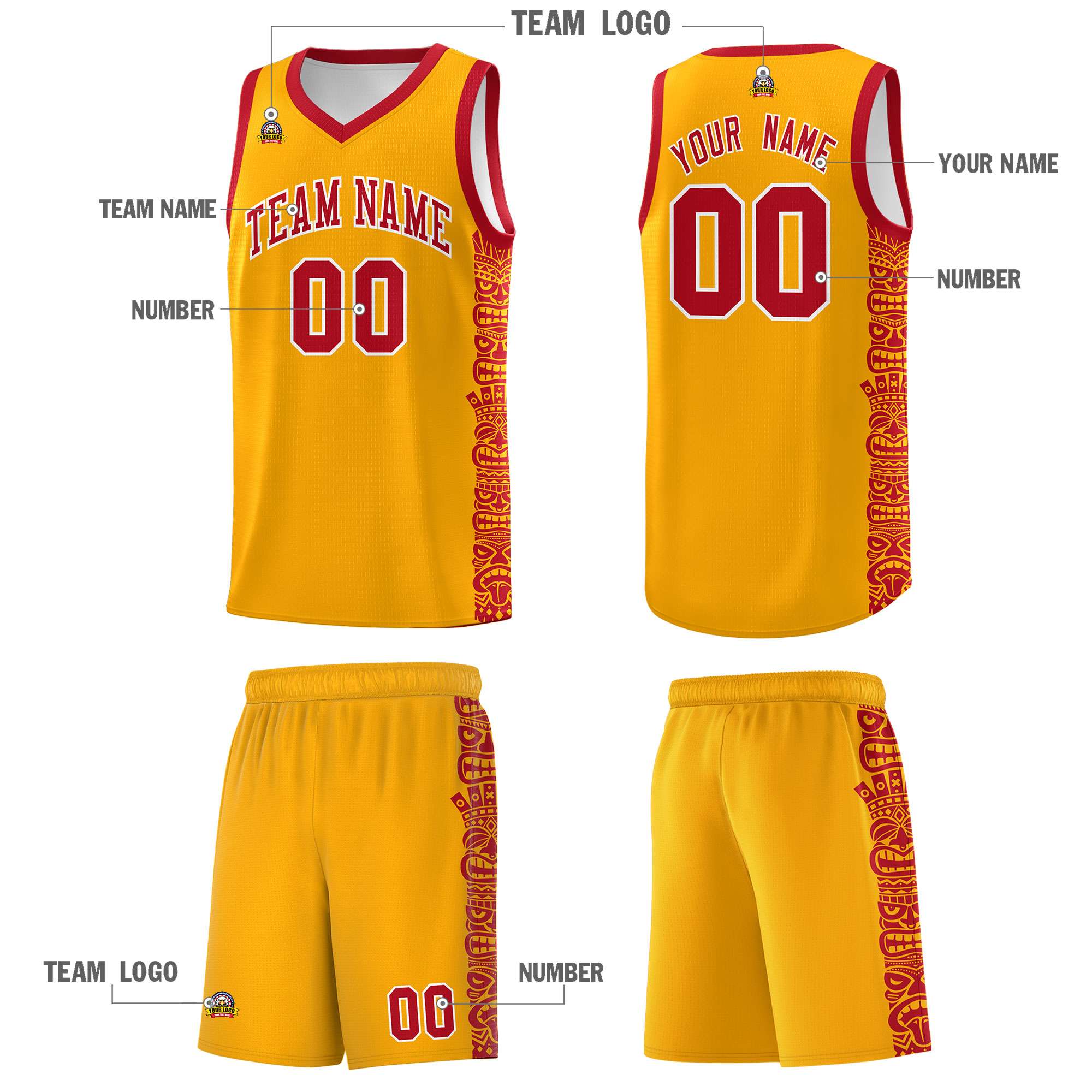 Custom Yellow Red Personalized Indians Pattern Sets Sports Uniform Basketball Jersey