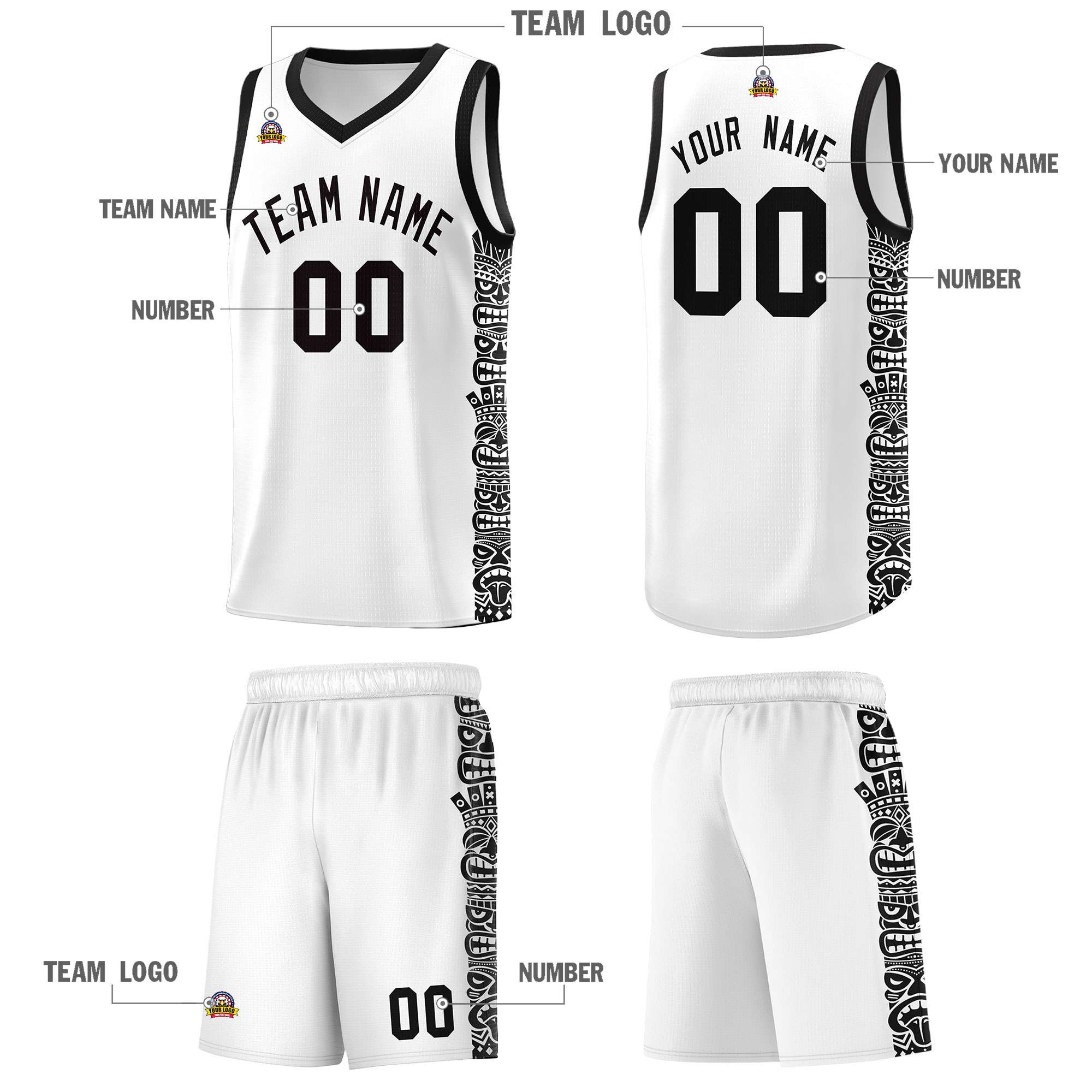 Custom White Black Personalized Indians Pattern Sets Sports Uniform Basketball Jersey