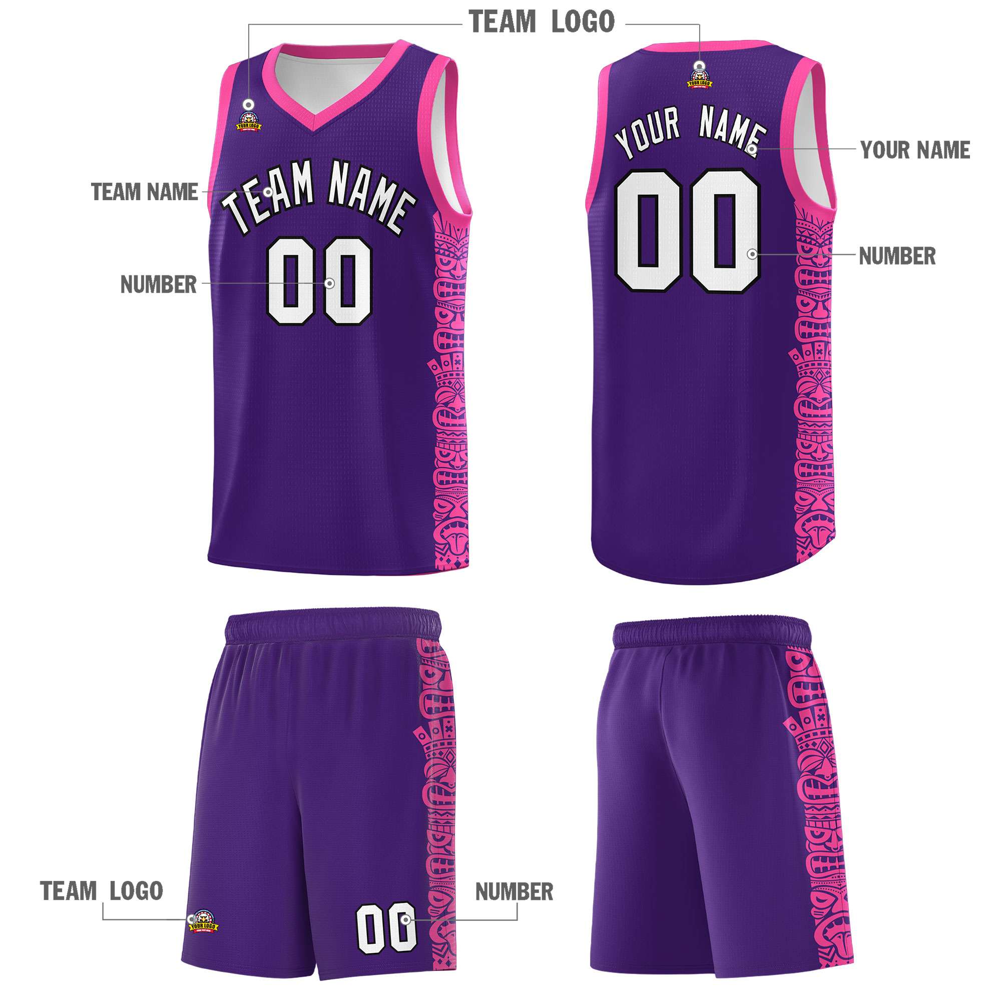 Custom Purple Pink Personalized Indians Pattern Sets Sports Uniform Basketball Jersey