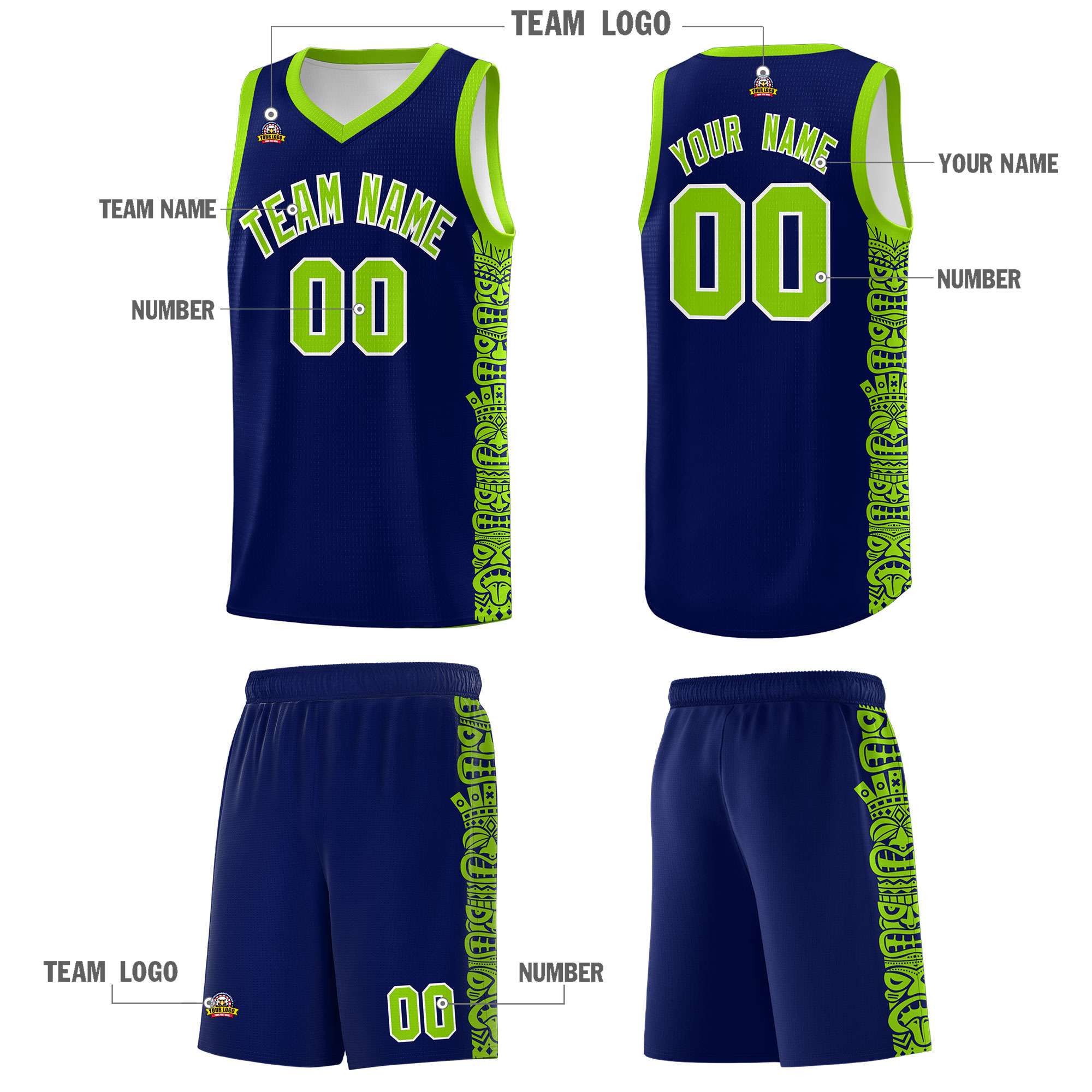 Custom Navy Neon Green Personalized Indians Pattern Sets Sports Uniform Basketball Jersey