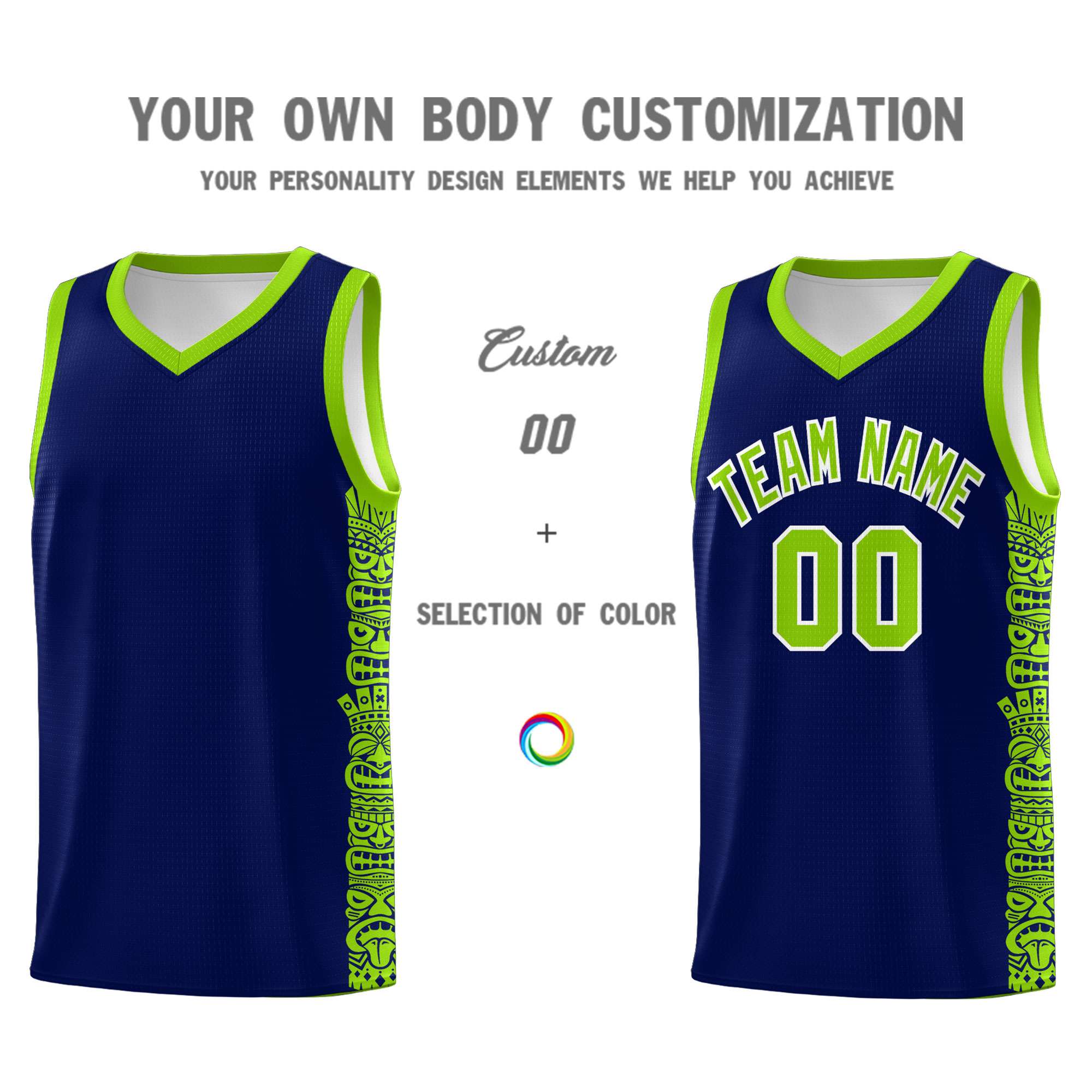 Custom Navy Neon Green Personalized Indians Pattern Sets Sports Uniform Basketball Jersey