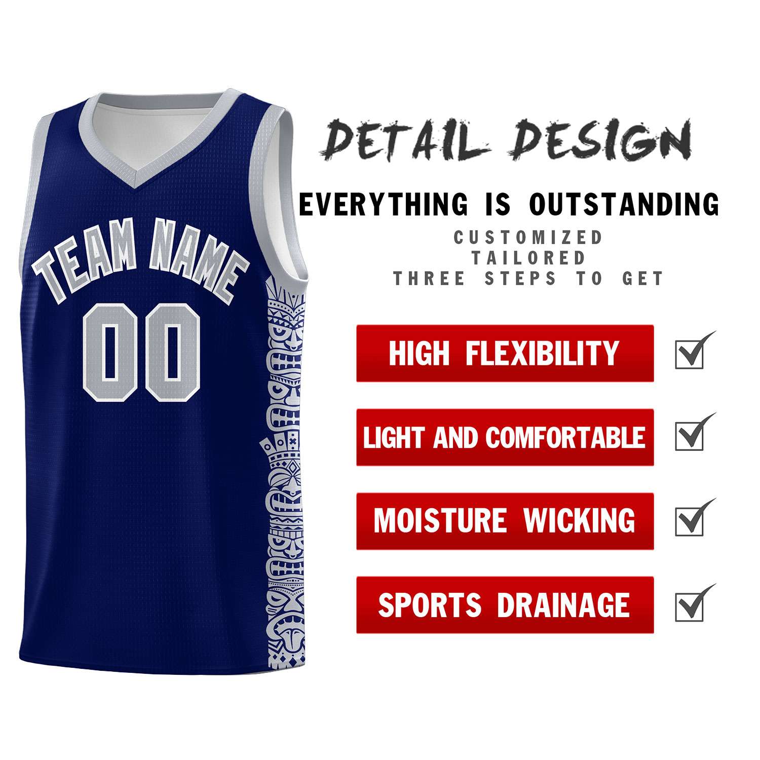 Custom Navy Gray Personalized Indians Pattern Sets Sports Uniform Basketball Jersey