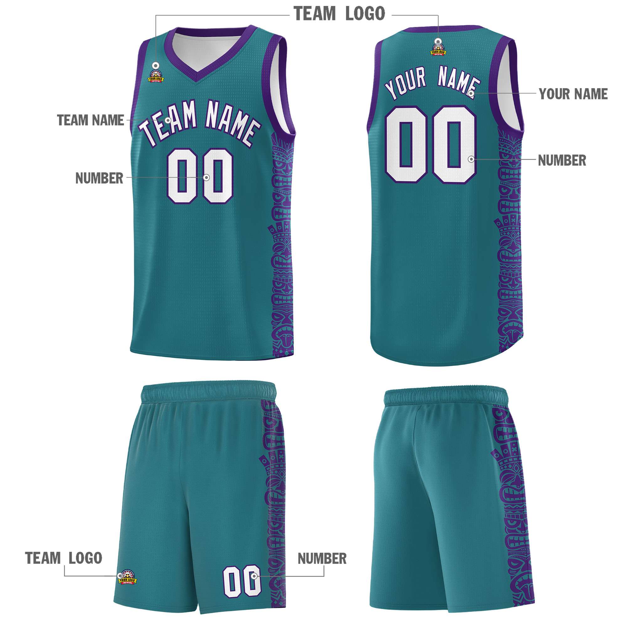 Custom Aqua Purple Personalized Indians Pattern Sets Sports Uniform Basketball Jersey