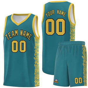 Custom Aqua Yellow Personalized Indians Pattern Sets Sports Uniform Basketball Jersey