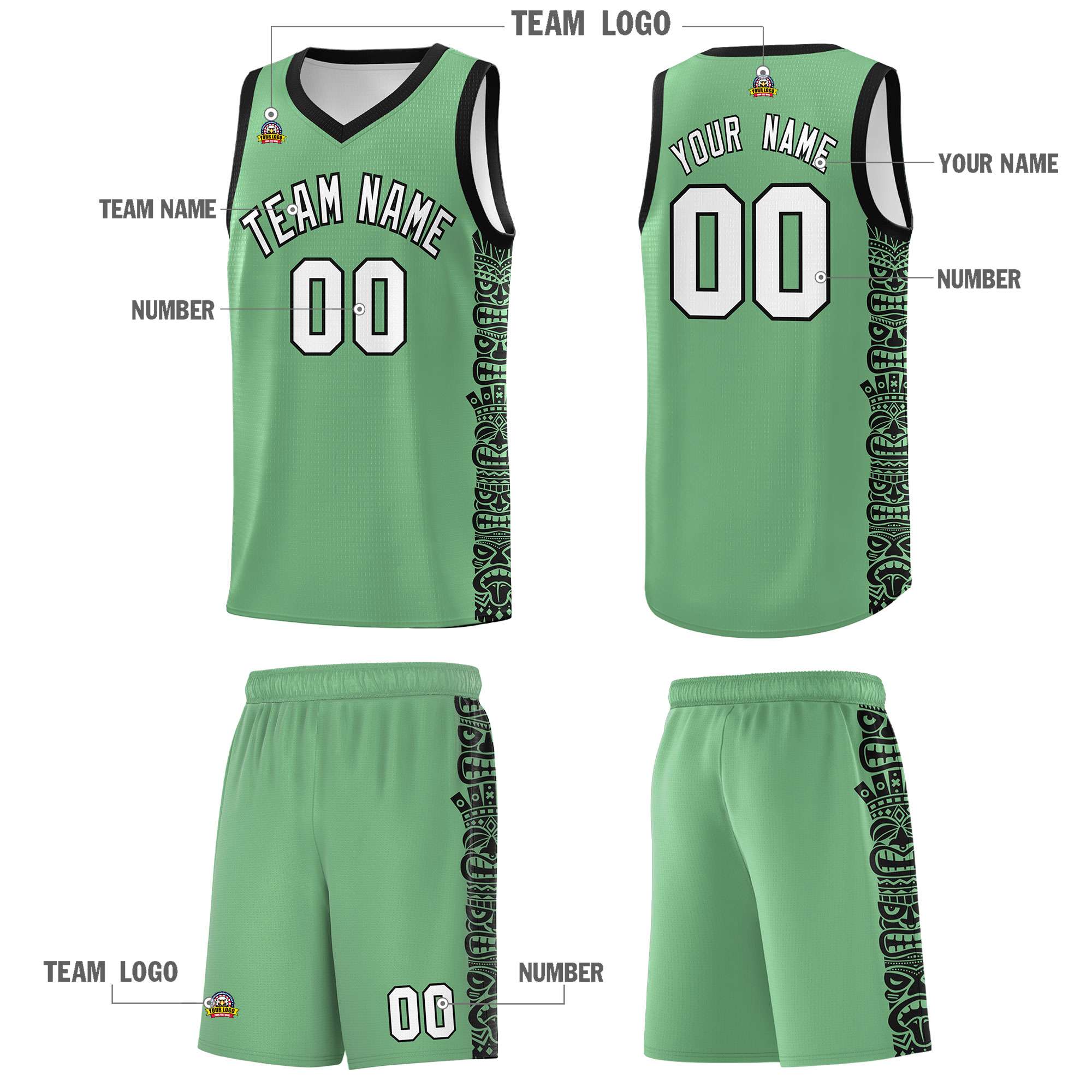 Custom Green Black Personalized Indians Pattern Sets Sports Uniform Basketball Jersey