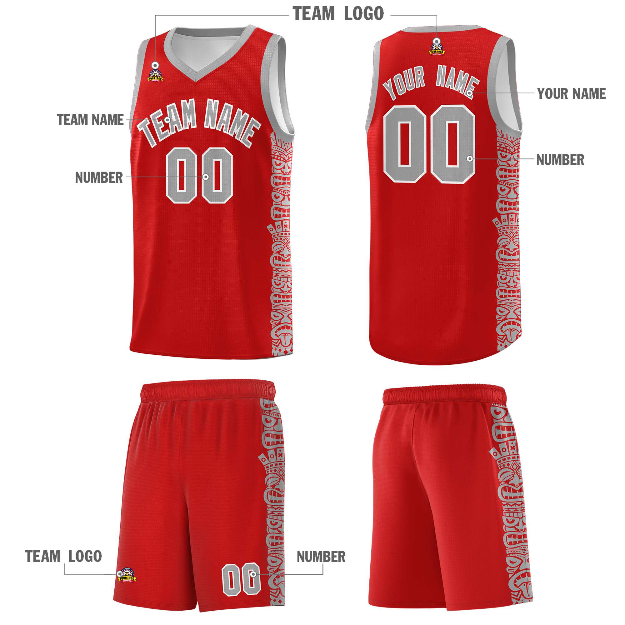 Custom Red Gray Personalized Indians Pattern Sets Sports Uniform Basketball Jersey