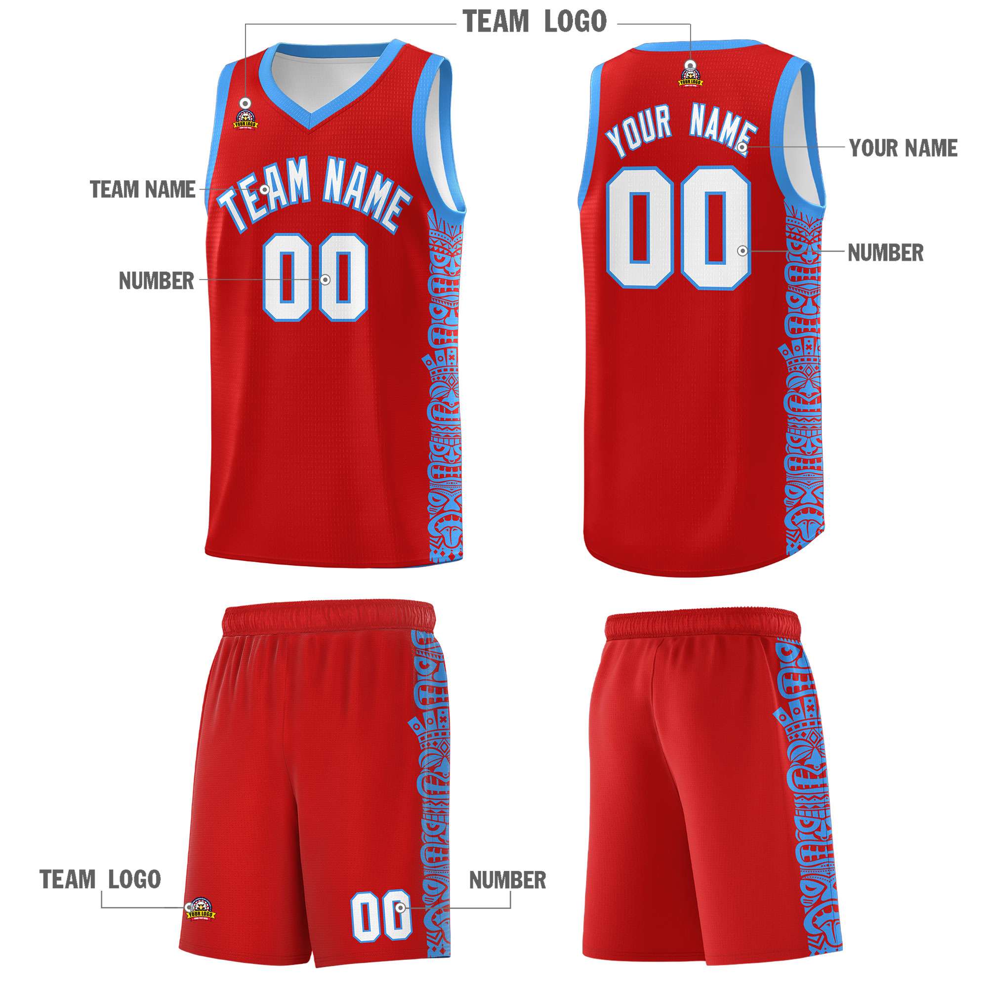 Custom Red Powder Blue Personalized Indians Pattern Sets Sports Uniform Basketball Jersey