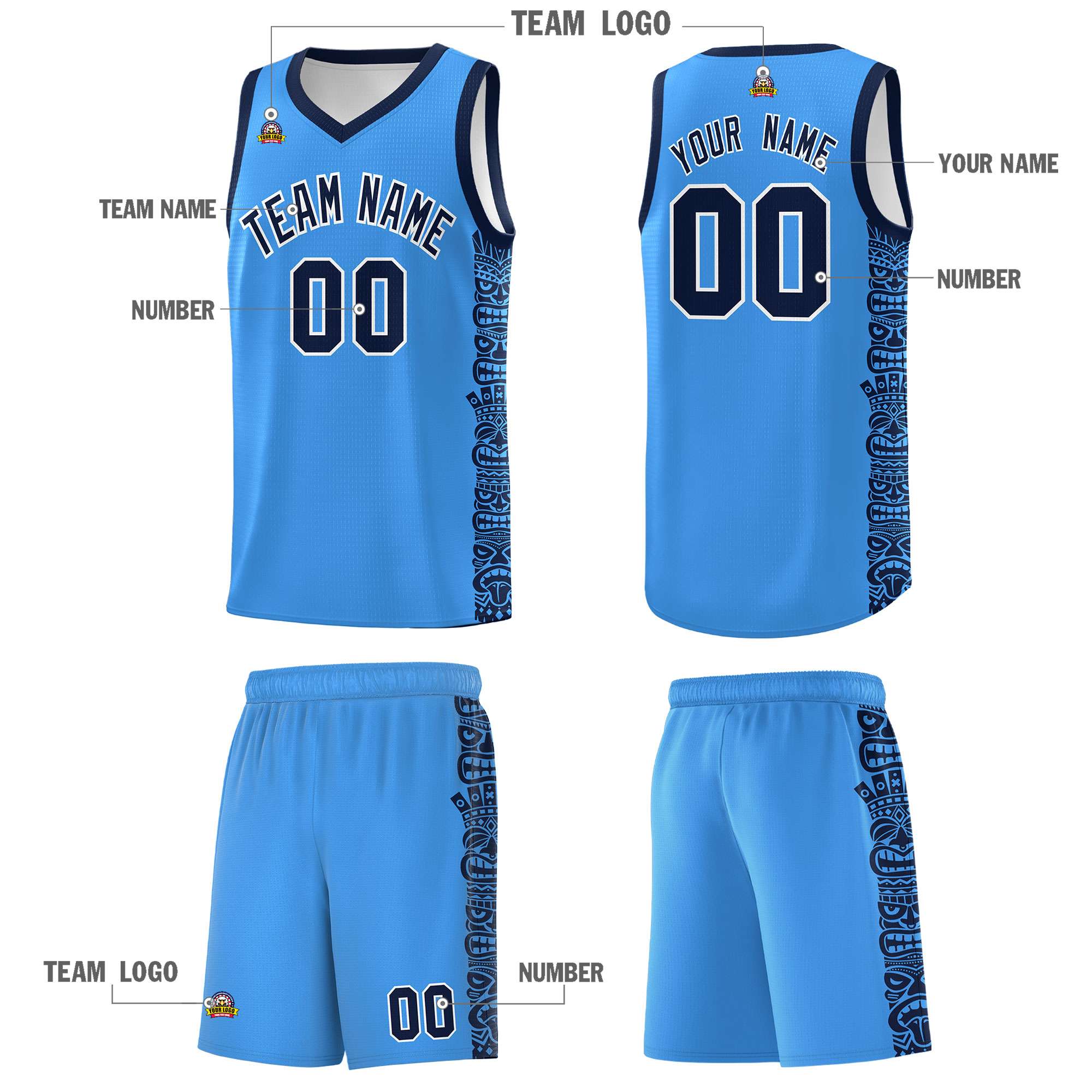 Custom Powder Blue Black Personalized Indians Pattern Sets Sports Uniform Basketball Jersey