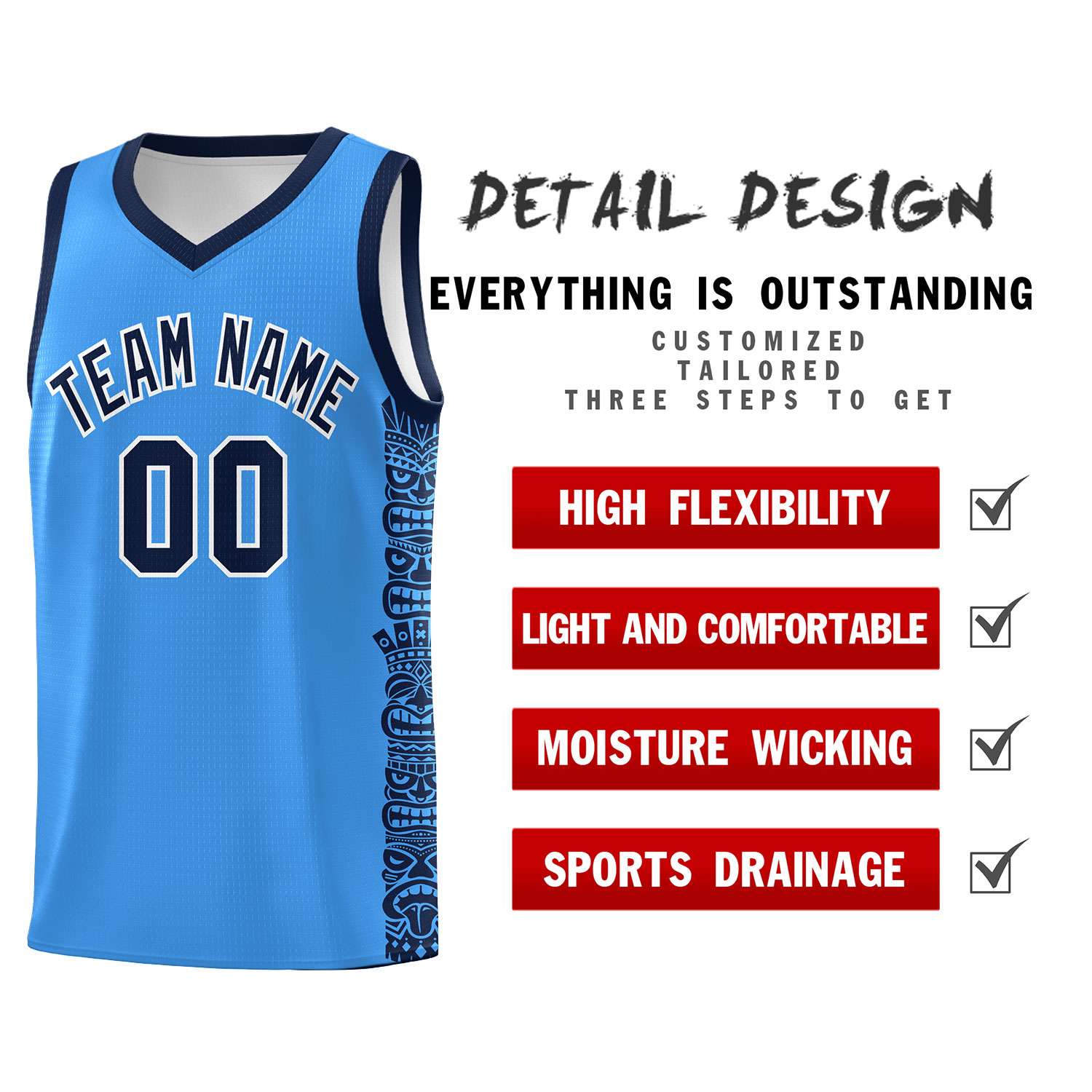 Custom Powder Blue Black Personalized Indians Pattern Sets Sports Uniform Basketball Jersey