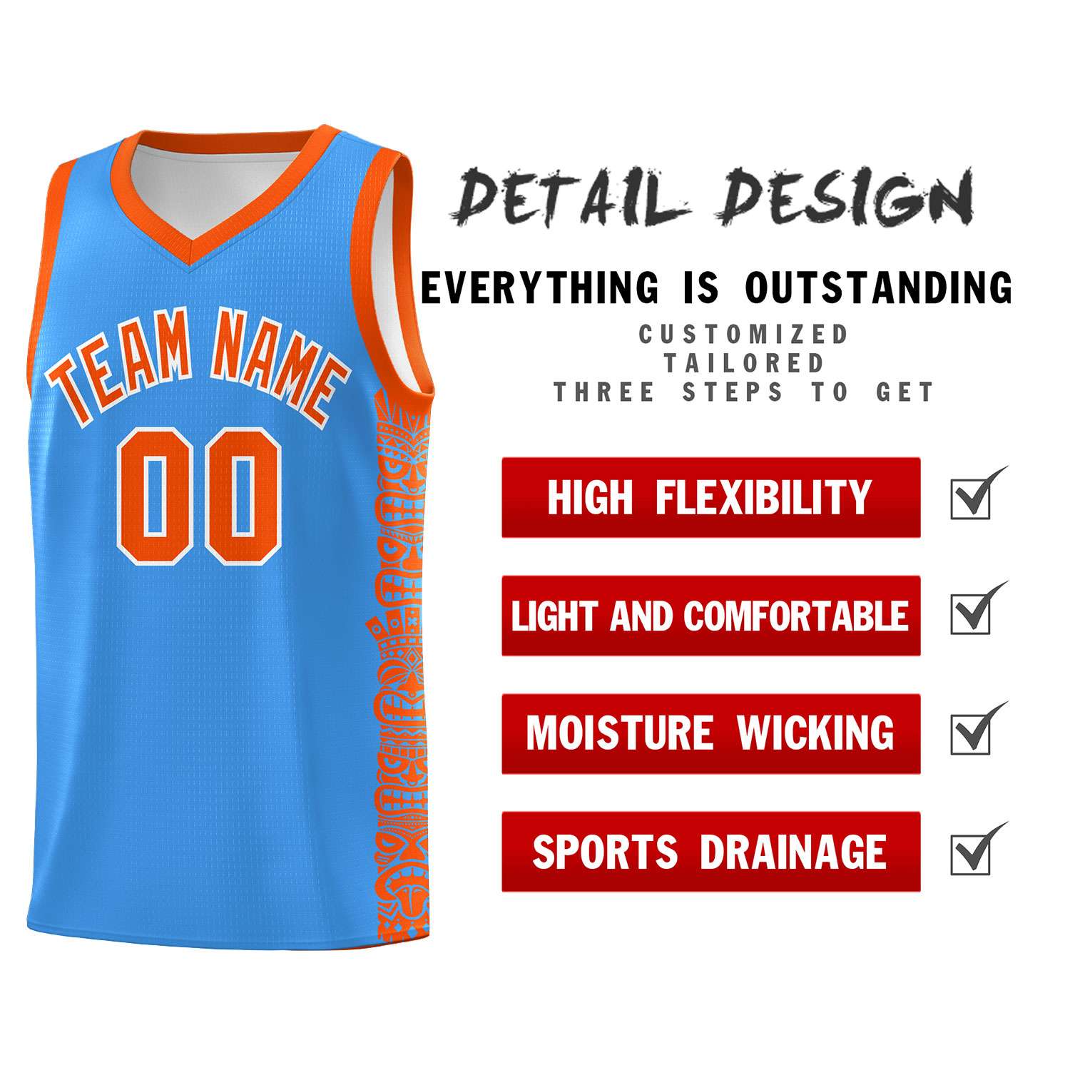 Custom Powder Blue Orange Personalized Indians Pattern Sets Sports Uniform Basketball Jersey