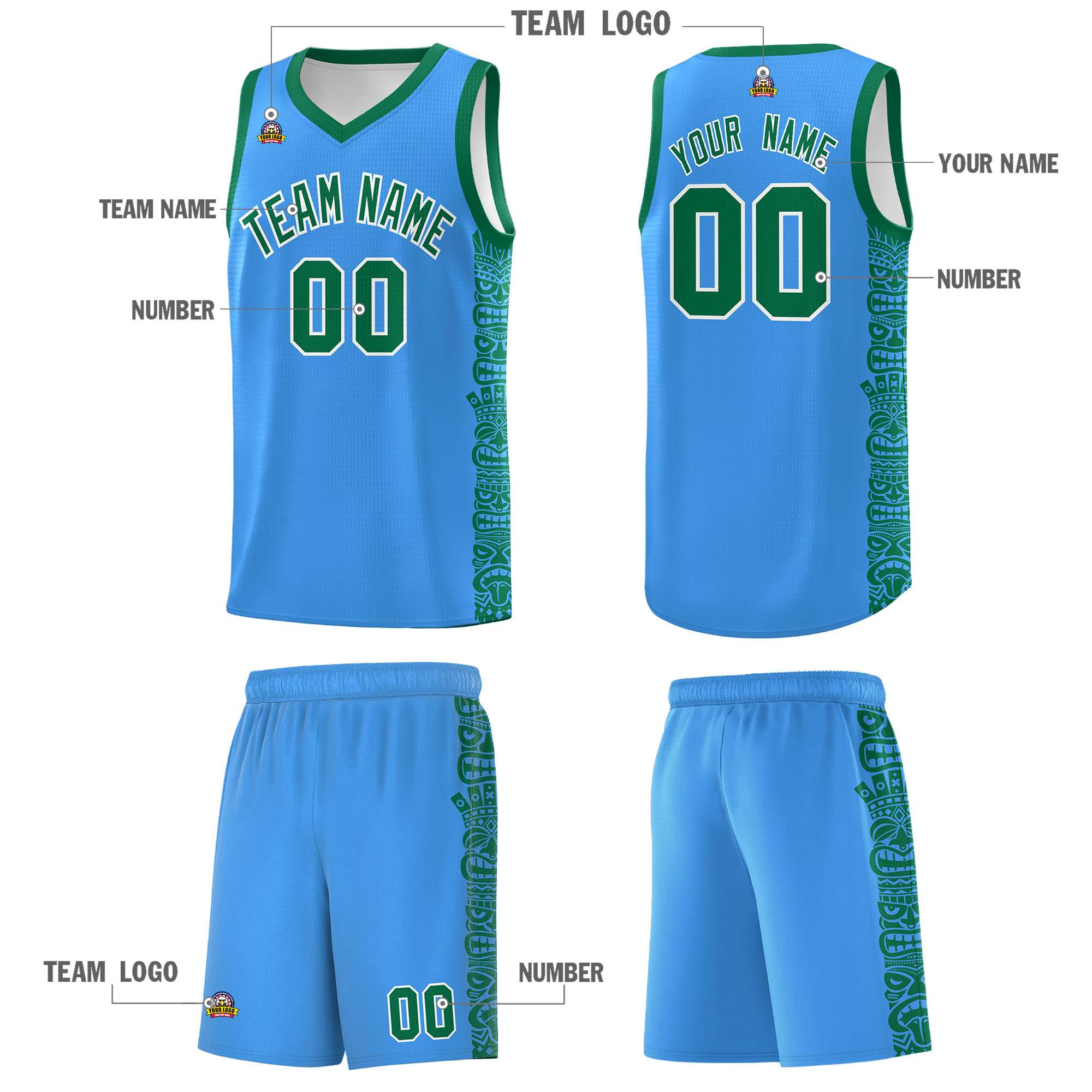 Custom Powder Blue Kelly Green Personalized Indians Pattern Sets Sports Uniform Basketball Jersey