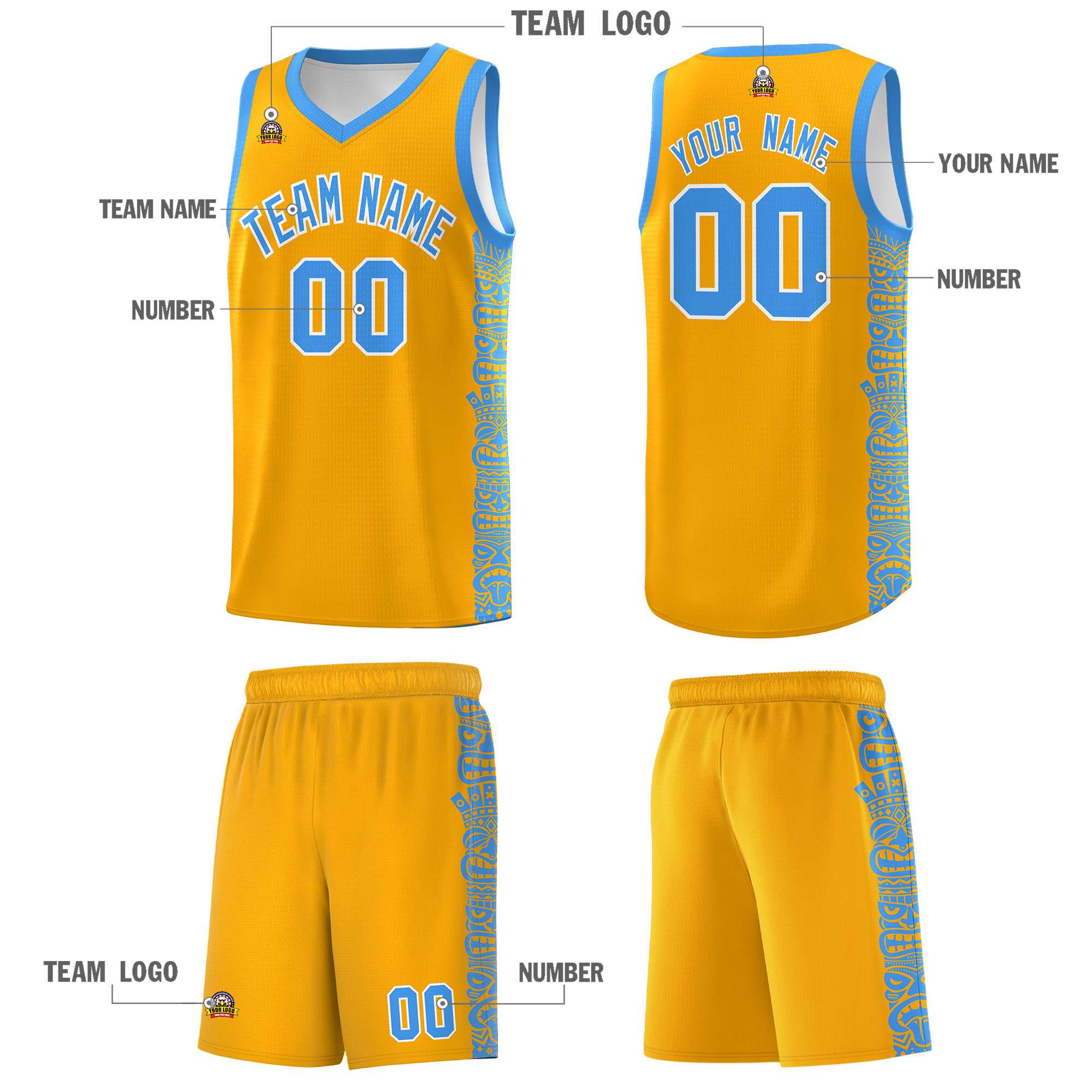 Custom Yellow Powder Blue Personalized Indians Pattern Sets Sports Uniform Basketball Jersey