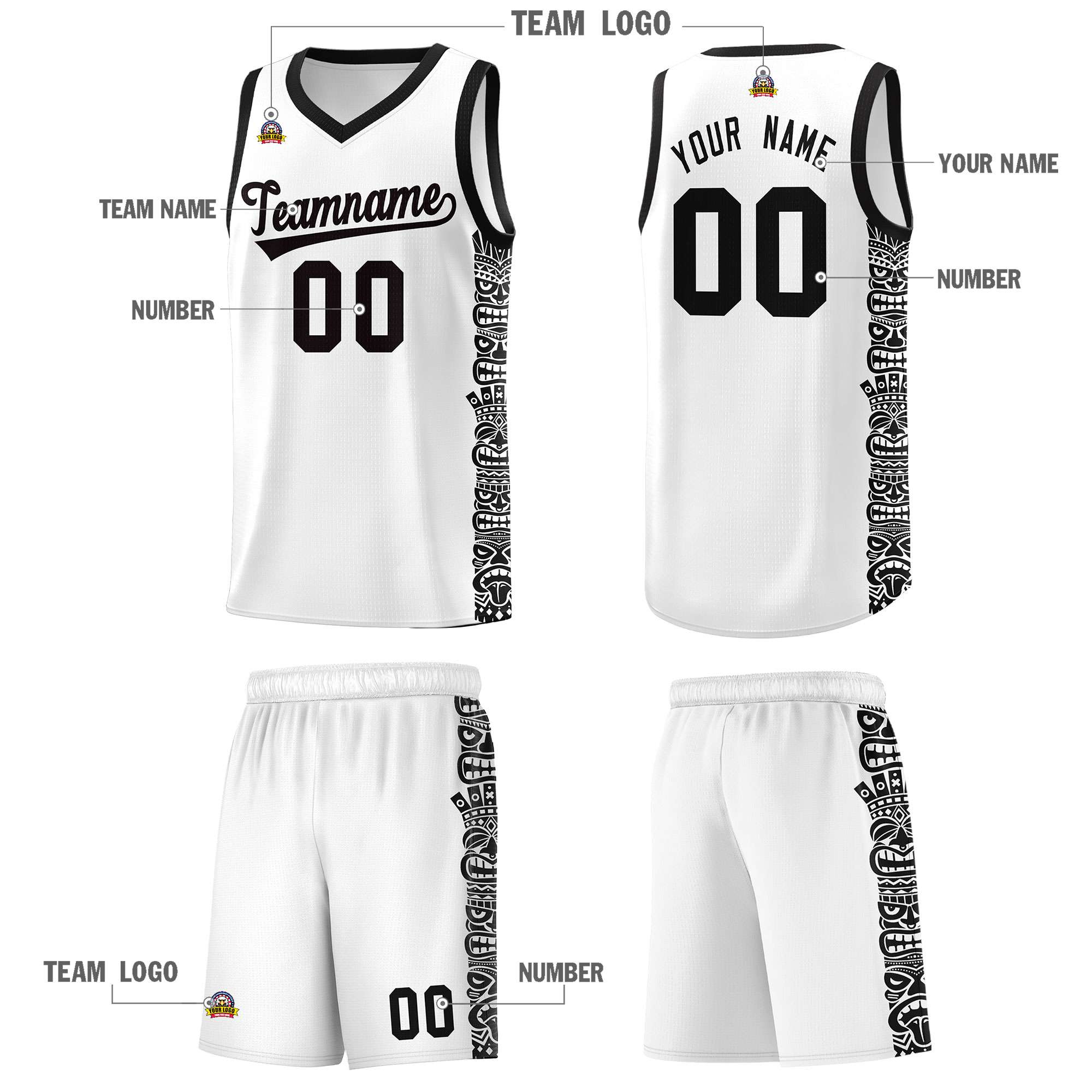 Custom White Black Personalized Indians Pattern Sets Sports Uniform Basketball Jersey