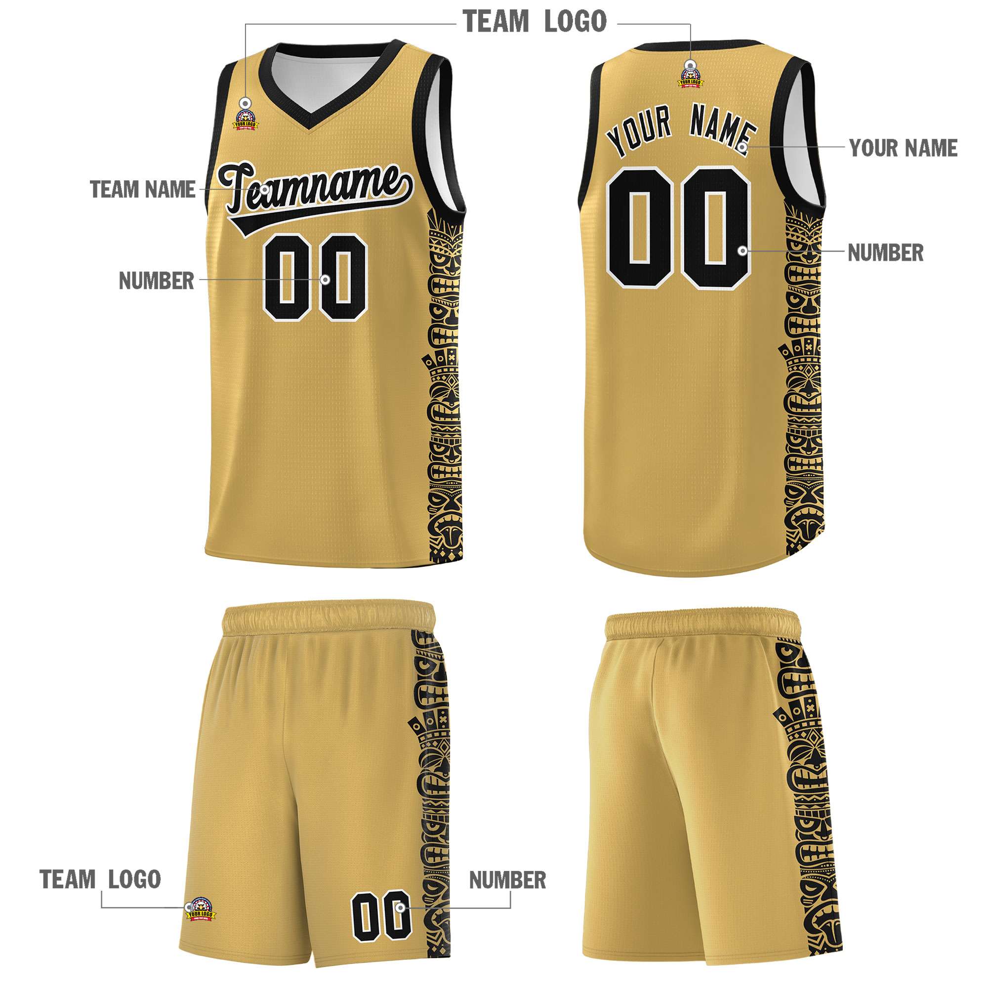 Custom Old Gold Black Personalized Indians Pattern Sets Sports Uniform Basketball Jersey