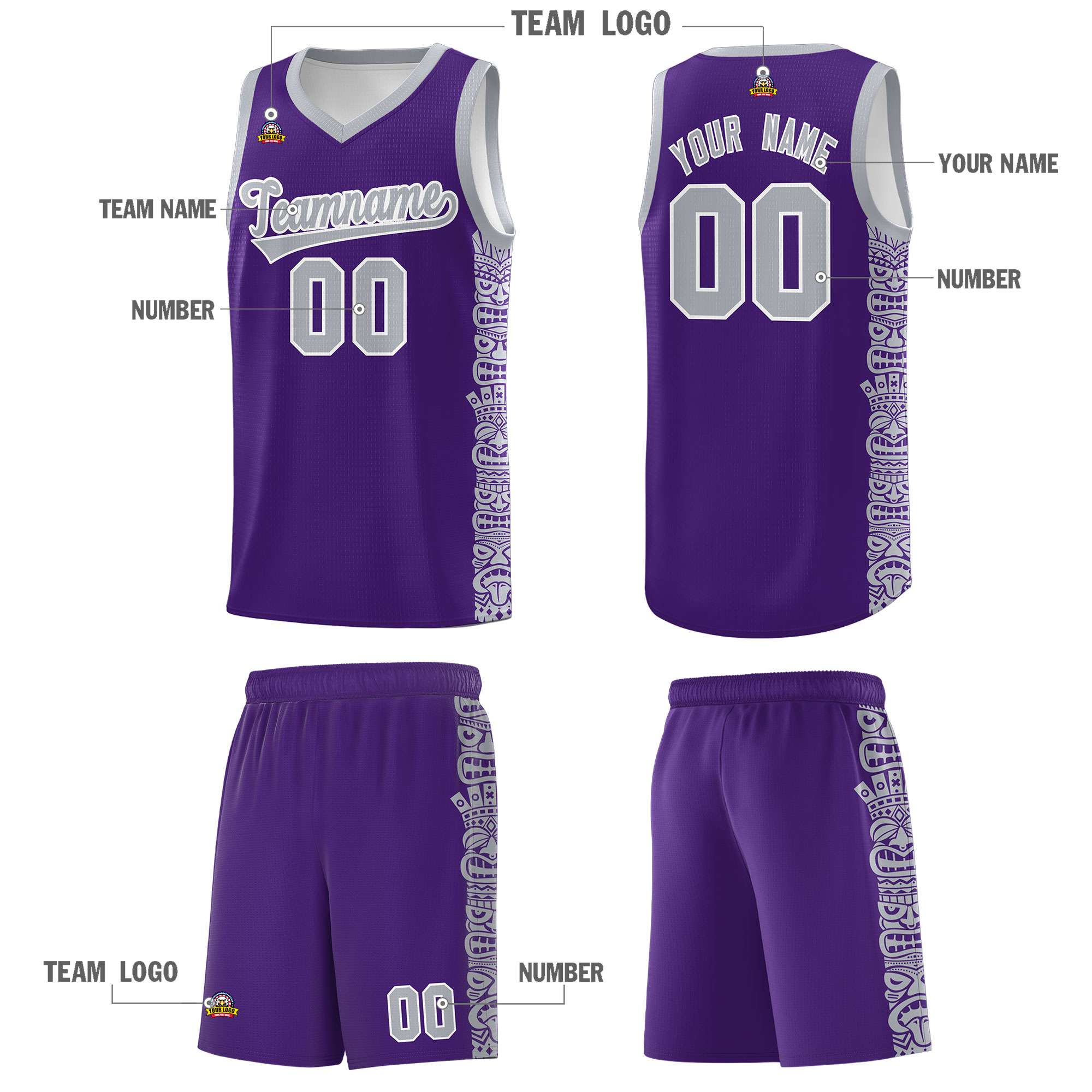 Custom Purple Gray Personalized Indians Pattern Sets Sports Uniform Basketball Jersey