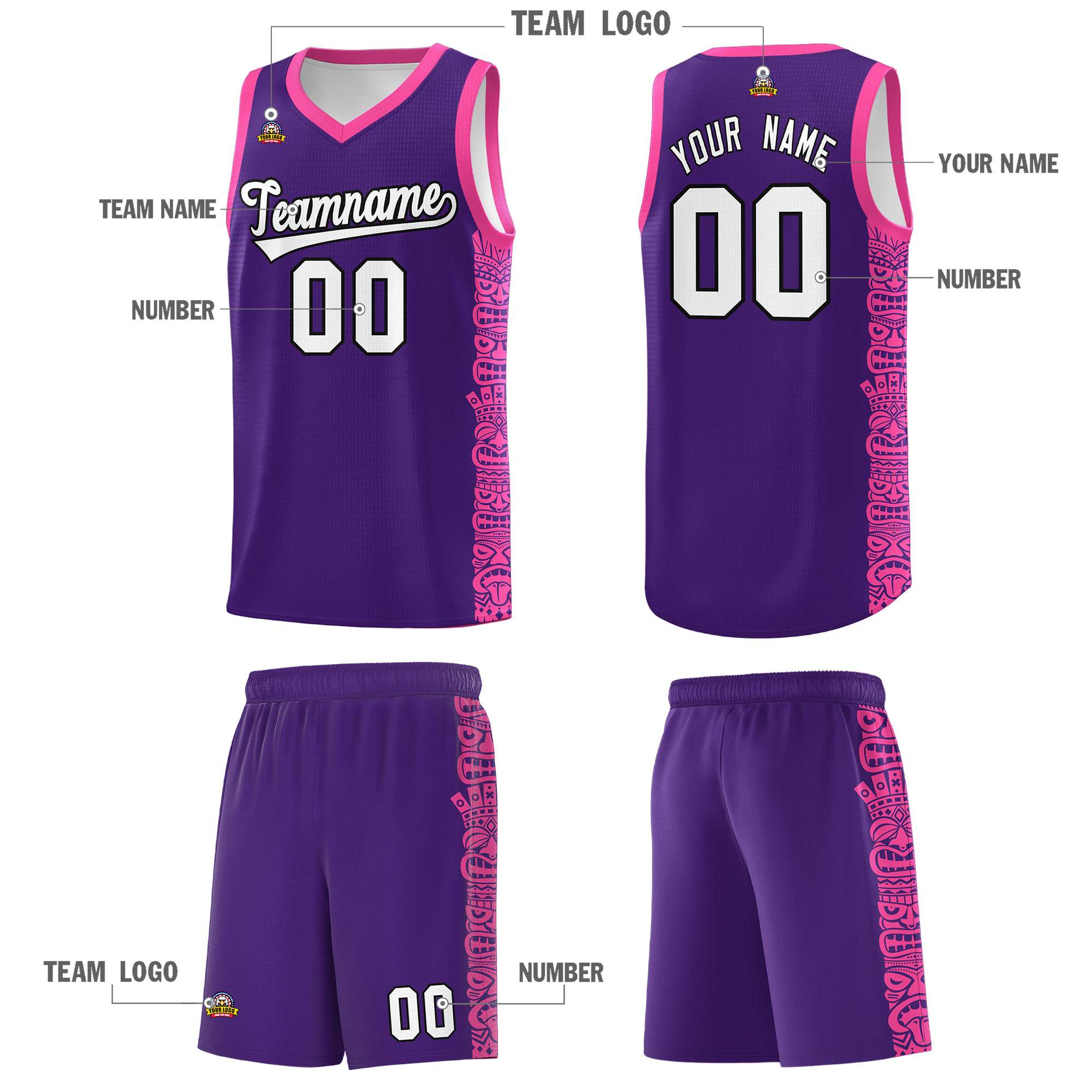 Custom Purple Pink Personalized Indians Pattern Sets Sports Uniform Basketball Jersey