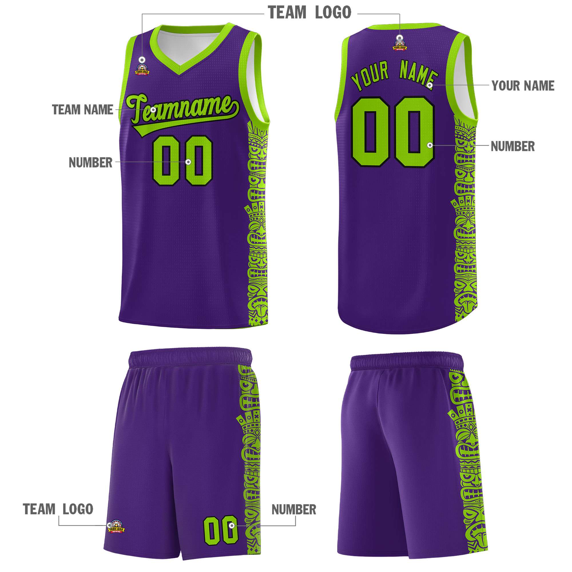 Custom Purple Green Personalized Indians Pattern Sets Sports Uniform Basketball Jersey