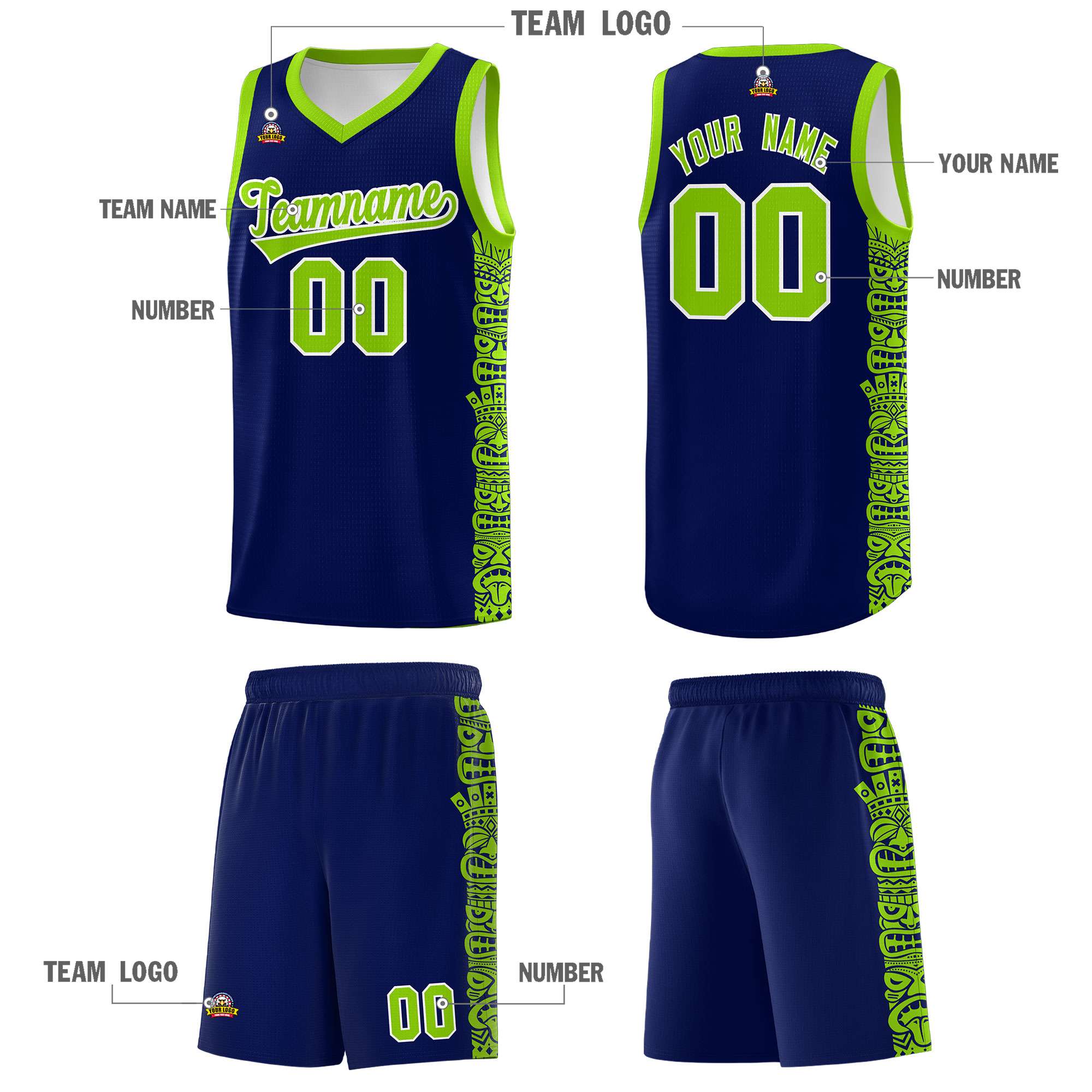 Custom Navy Neon Green Personalized Indians Pattern Sets Sports Uniform Basketball Jersey